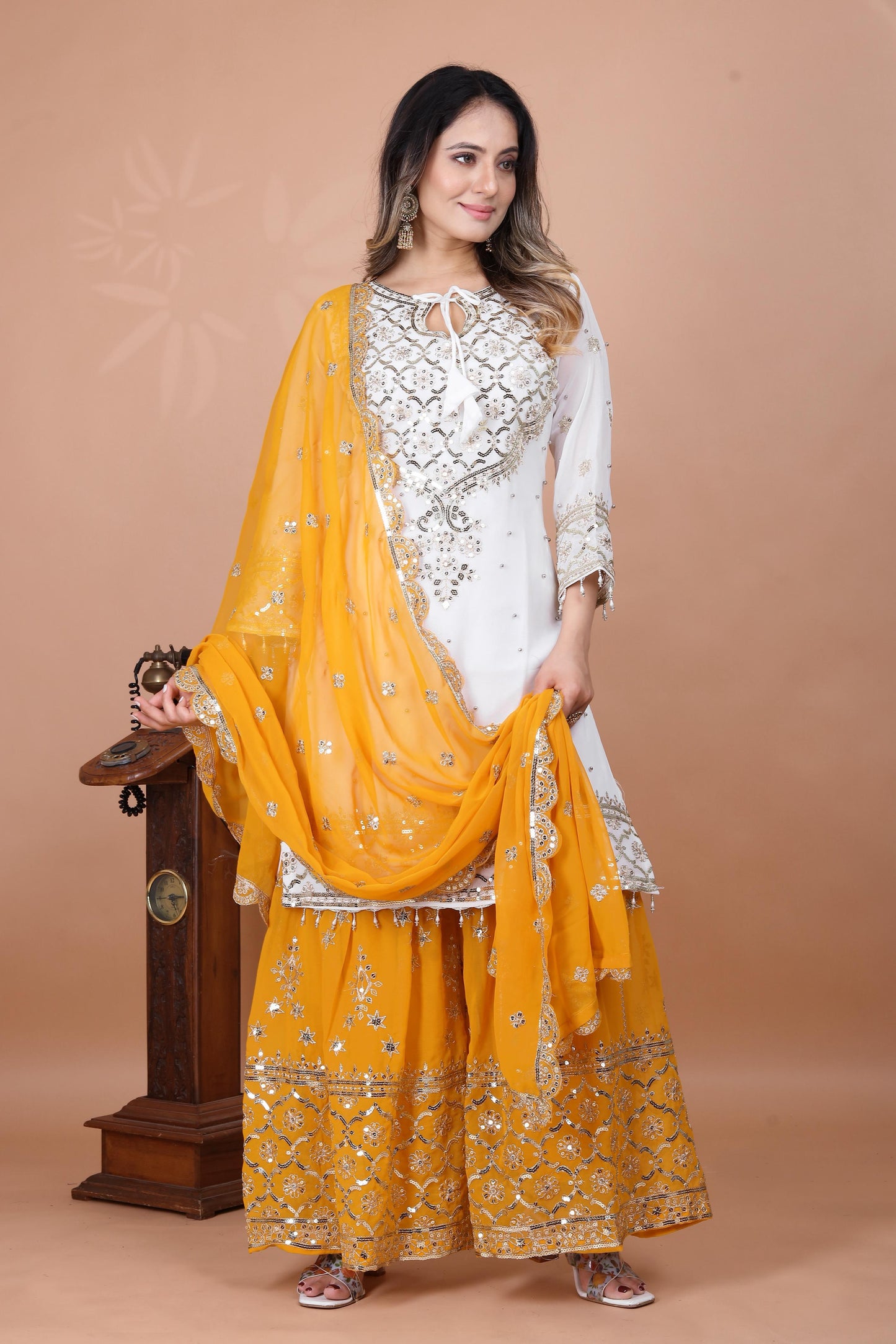 Yellow Women's Heavy Embroidery Faux Georgette Sharara Gharara Suit Set with Dupatta