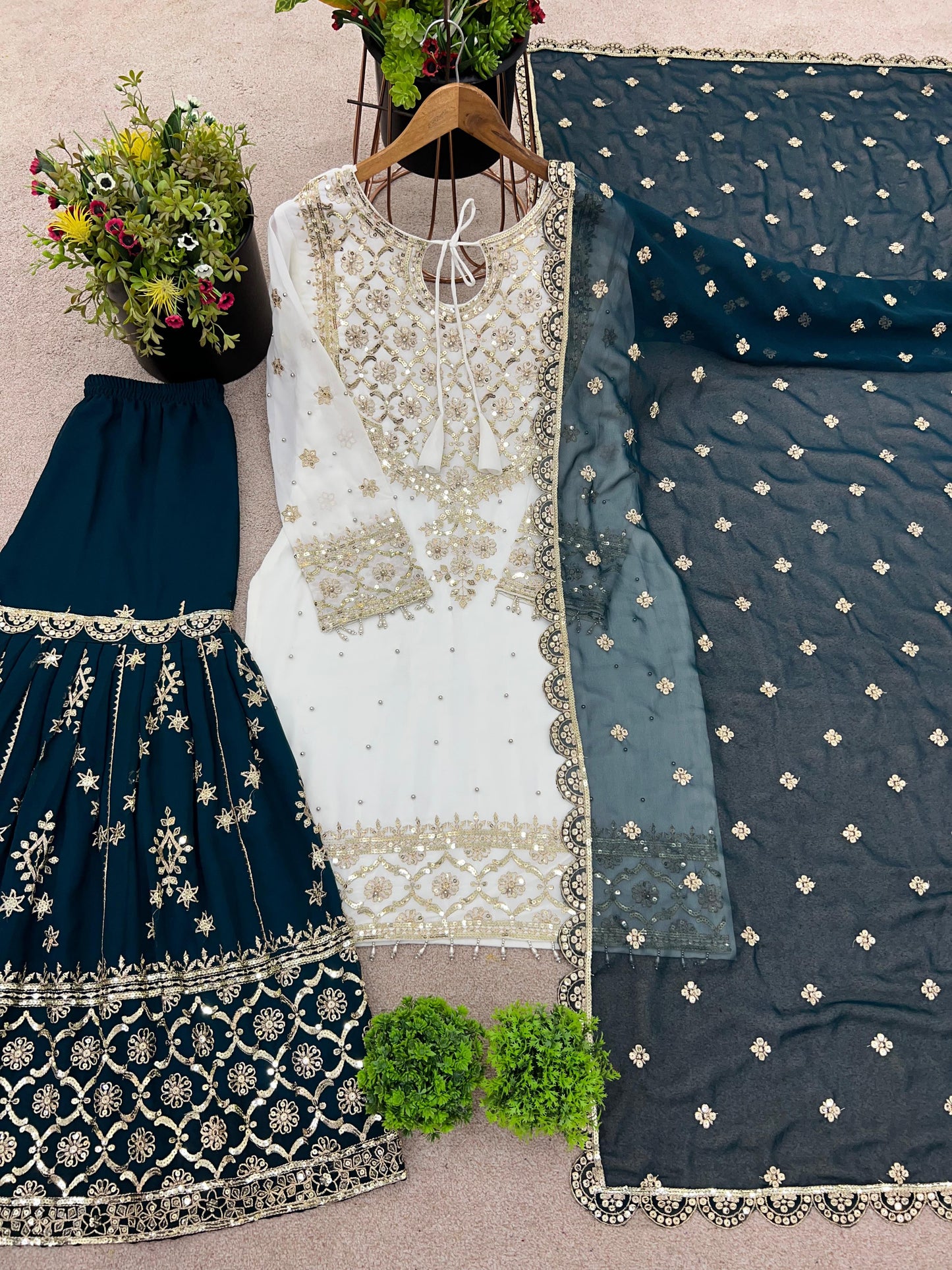 Dark Peacock Blue Women's Heavy Embroidery Faux Georgette Sharara Gharara Suit Set with Dupatta