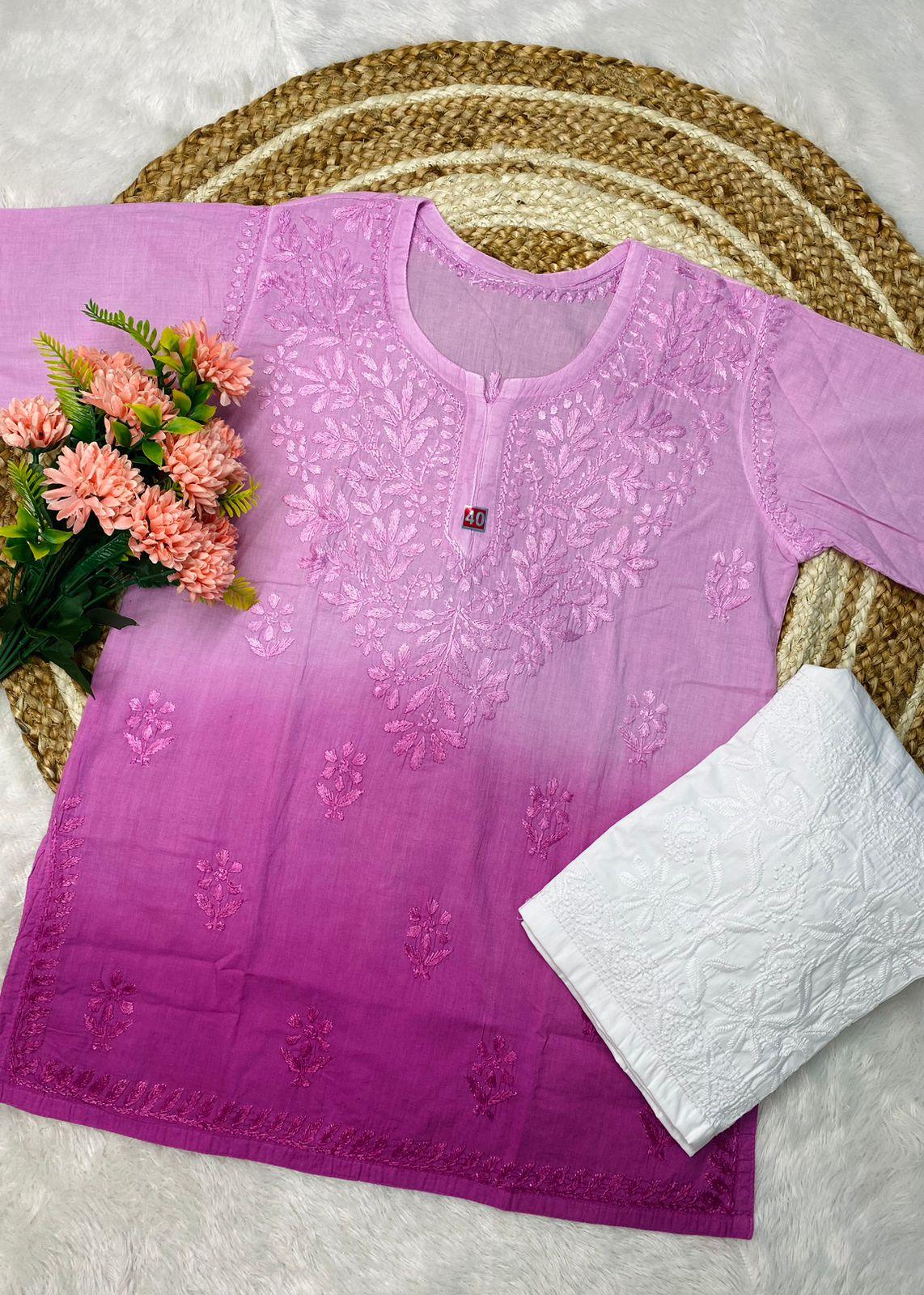 Short Lucknowi Chikankari Cotton Kurti Set- Purple Color - Inayakhan Shop