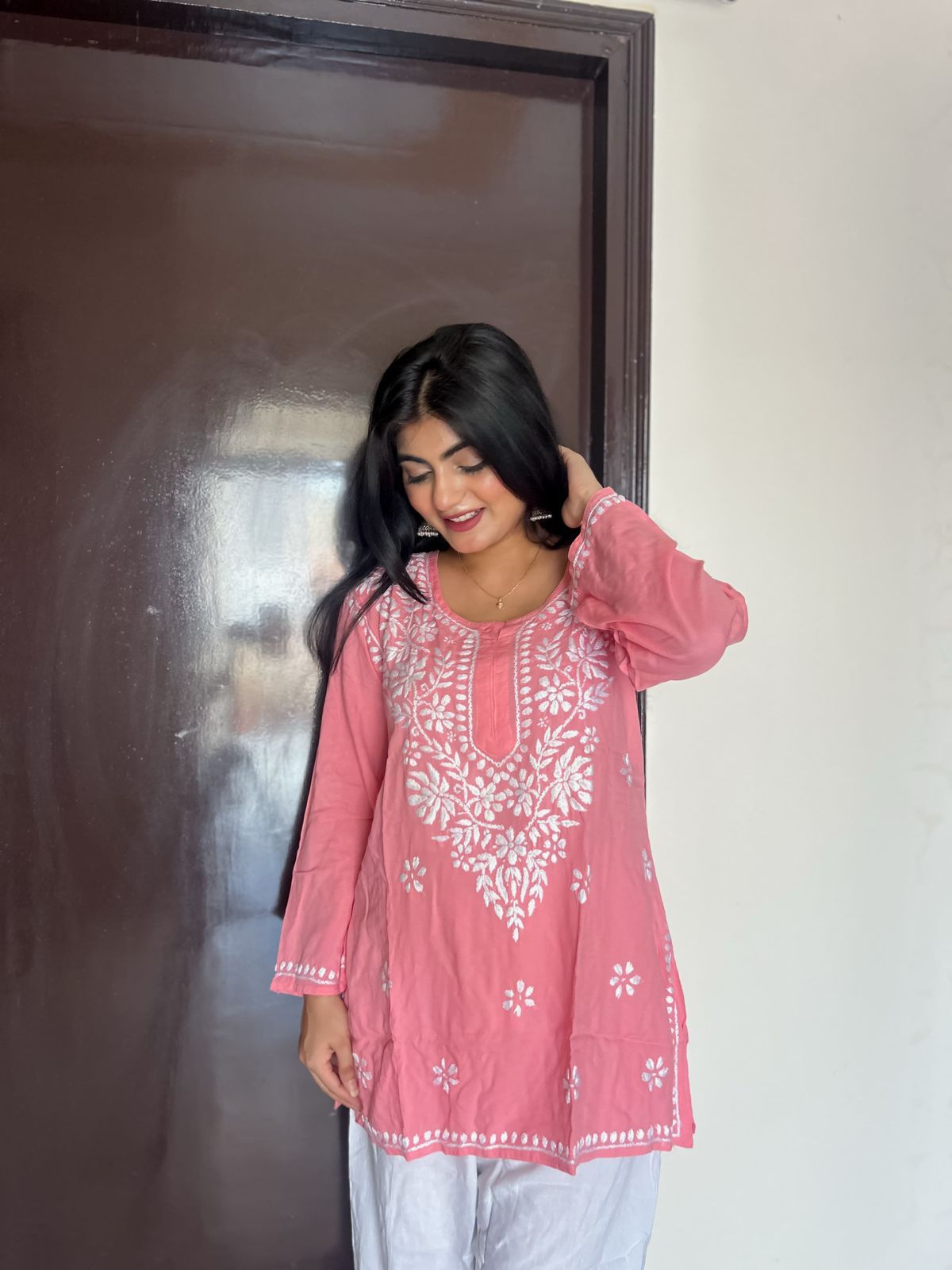 Peach Handcrafted Lucknowi Chikankari Style Short Kurta & Palazzo Set