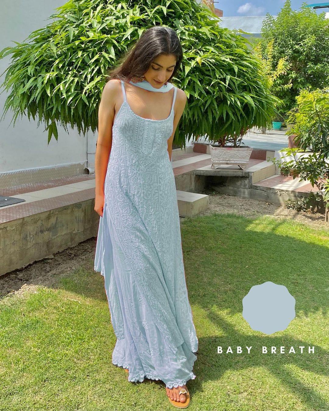 Sky Blue Viscose Strappy Chikankari Handwork Short Kurti , Viscose Sharara, Chiffon Dupatta - Inayakhan Shop