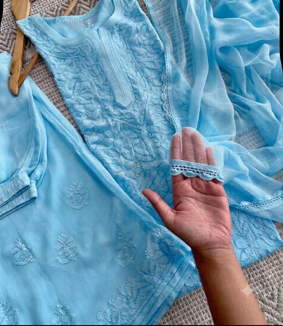 Premium Sky Blue Resham Viscose Jaal Kurti, Palazzo & Dupatta Set (New)