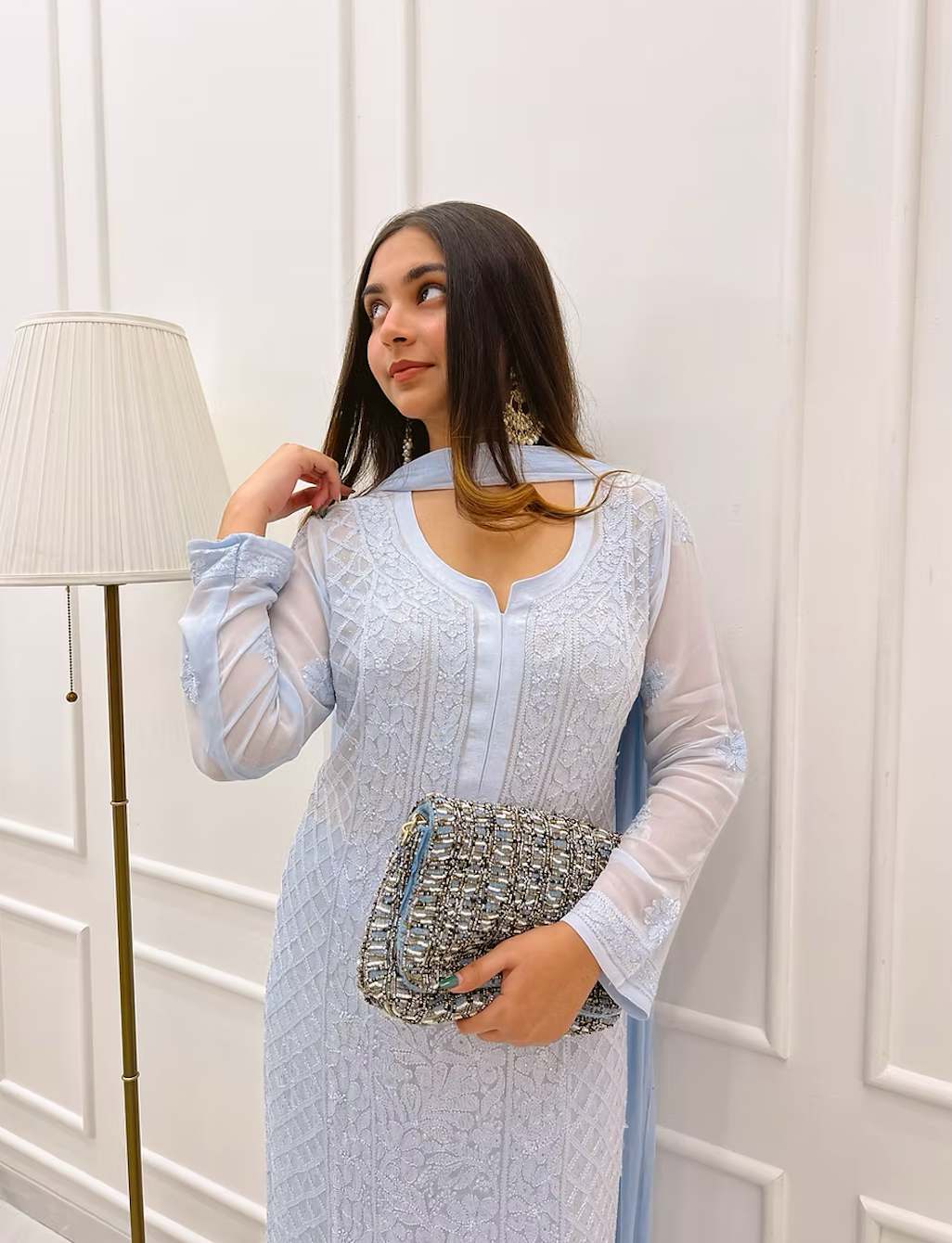 Sky Blue Elegant Viscose Lucknow Chikankari Handwork Ensemble (New)