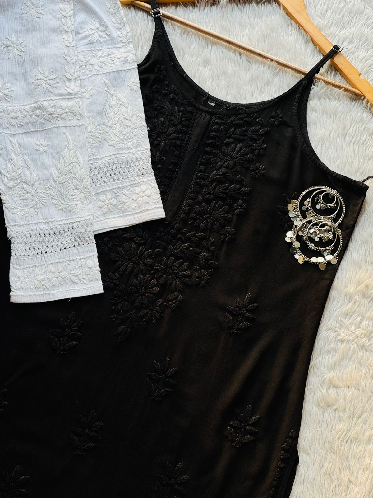 Black Lucknowi Chikankari Rayon Noodle Strap Kurti Set