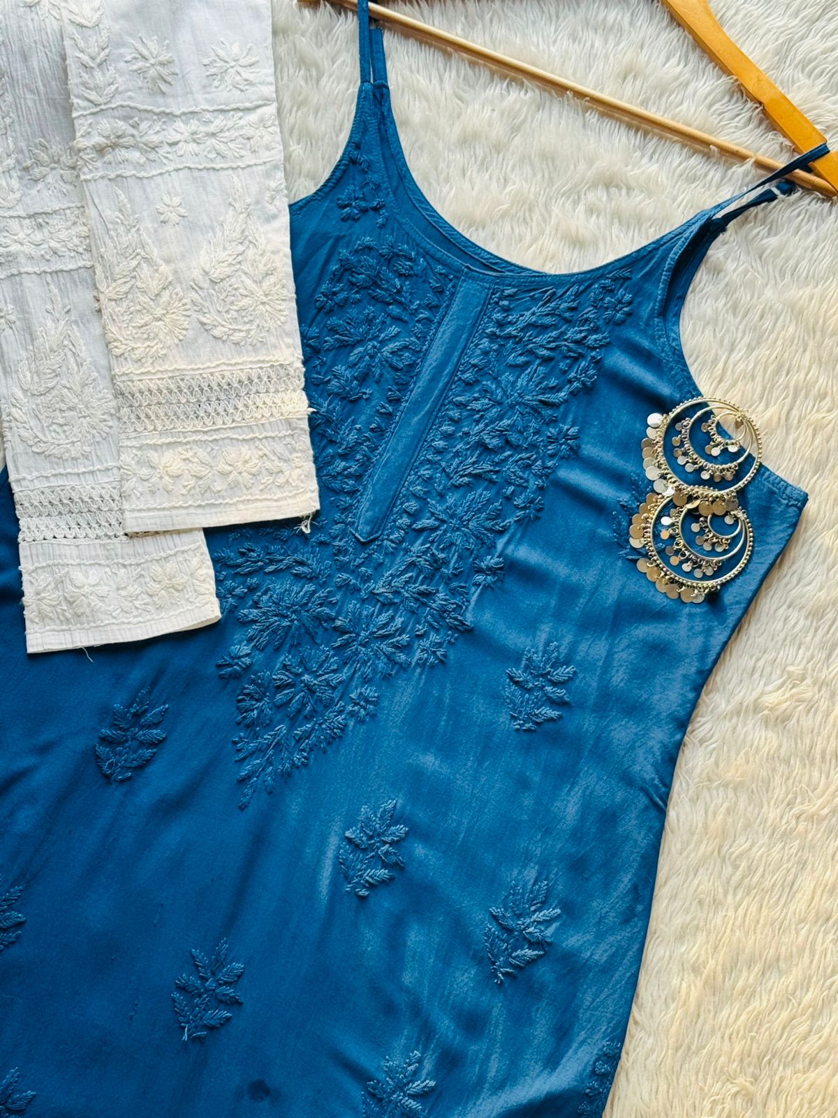 Blue Lucknowi Chikankari Rayon Noodle Strap Kurti Set