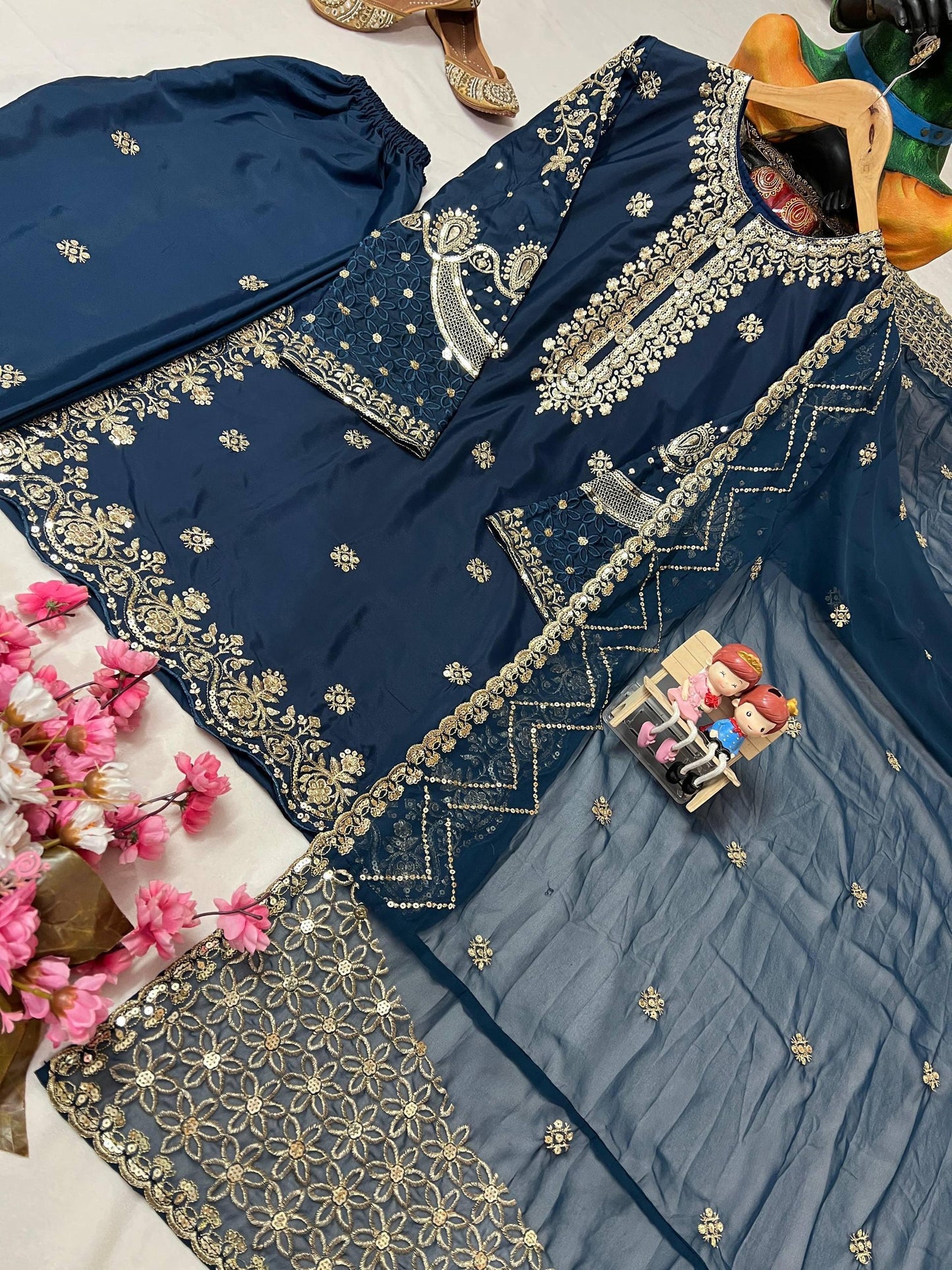 Deep Blue Designer Natural Crepe Kurti Pant Set with Dupatta Eid Special
