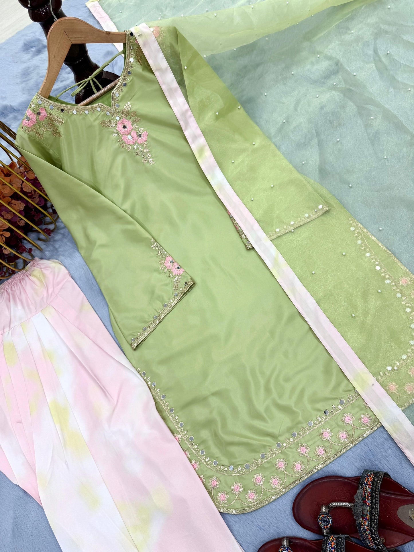 Light Green Aafreen Embroidered Chinnon Silk Salwar Suit