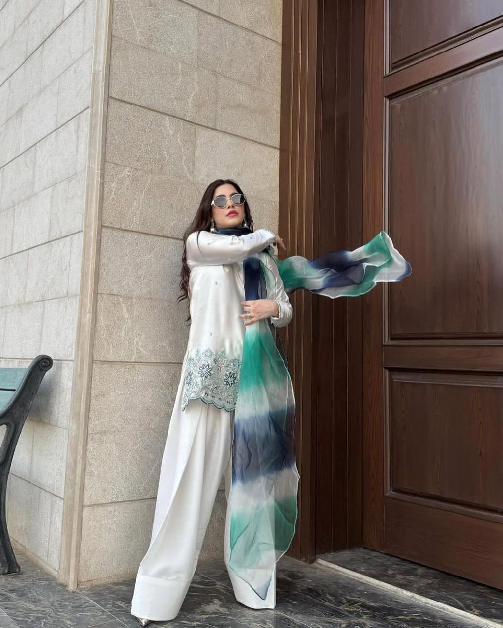 White Zarina Roman Silk Salwar Suit