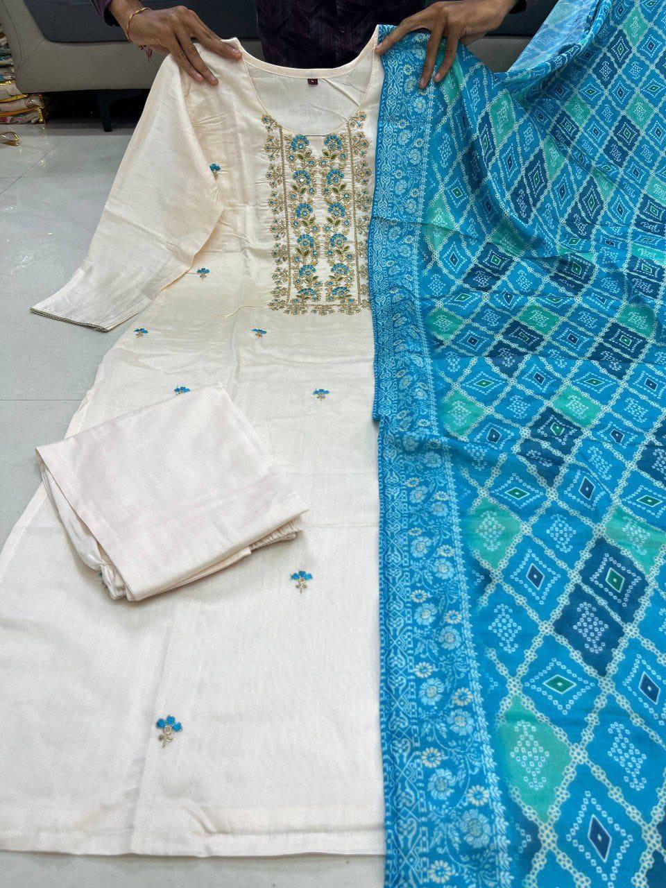 Embroidered Silk Salwar Suit with Blue Banarasi Bandhej Dupatta