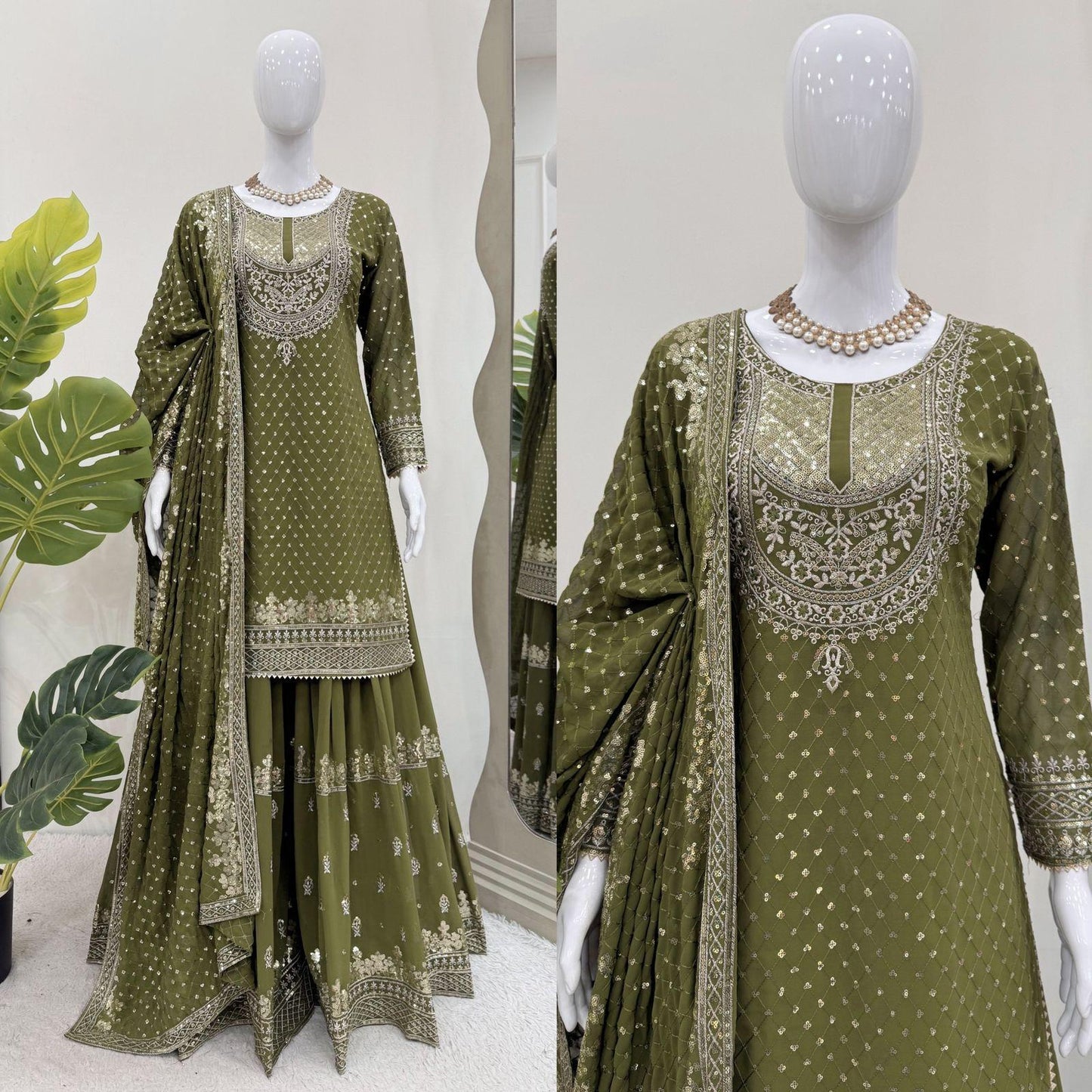 Pista Green Designer Georgette Sequin Embroidered Sharara Suit Set