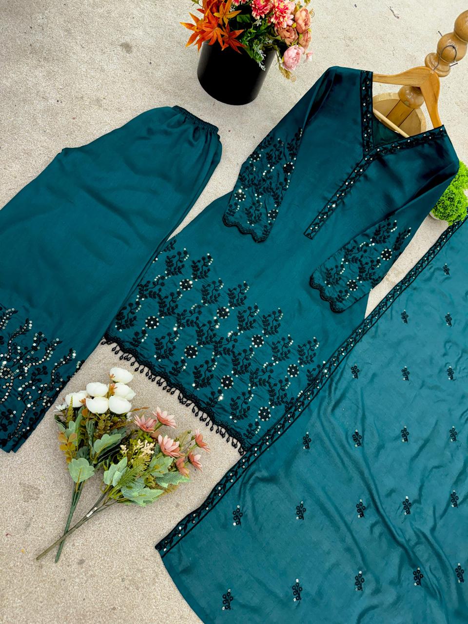 Green Designer Silk Pakistani Style Suit Set with Sequin Work