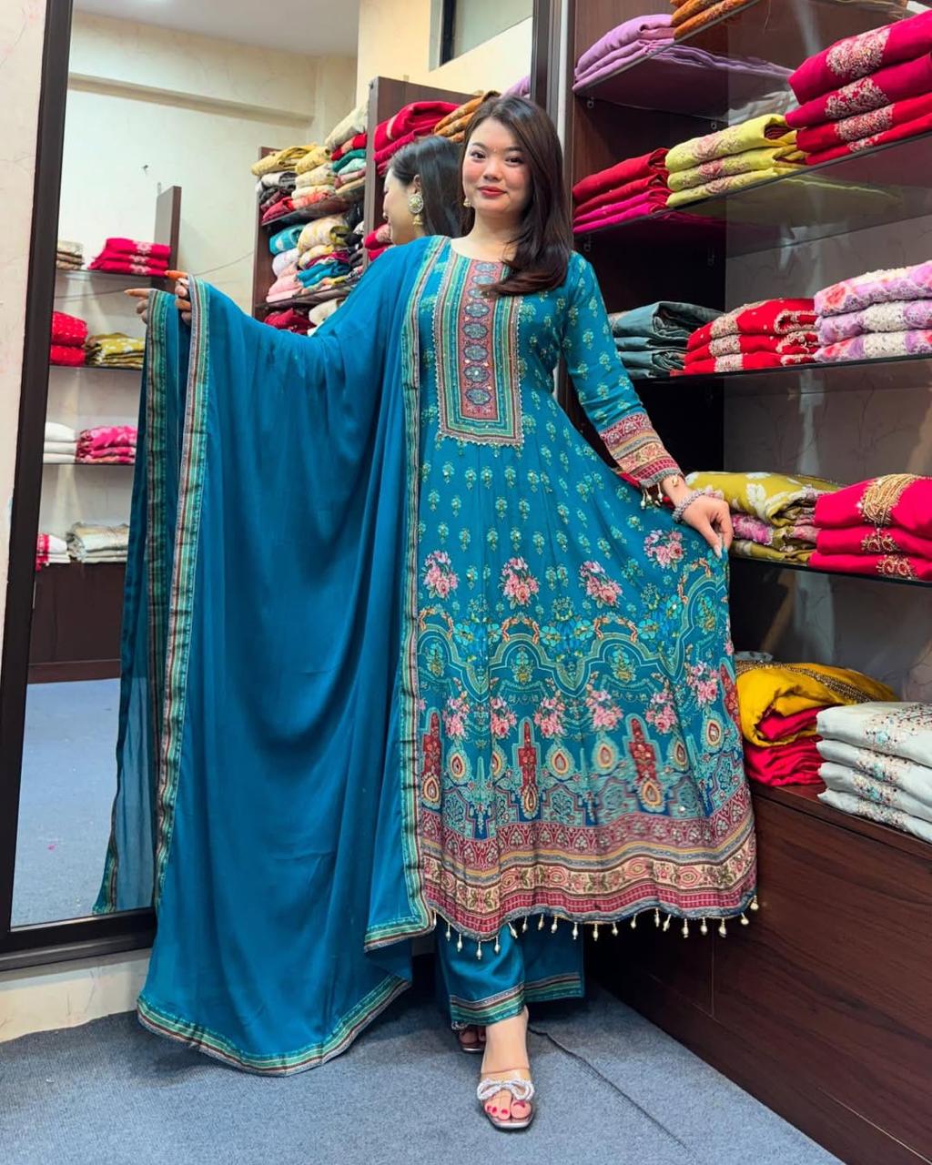 New Arrival Blue Rajasthani Handwork Chinon Anarkali Suit Set
