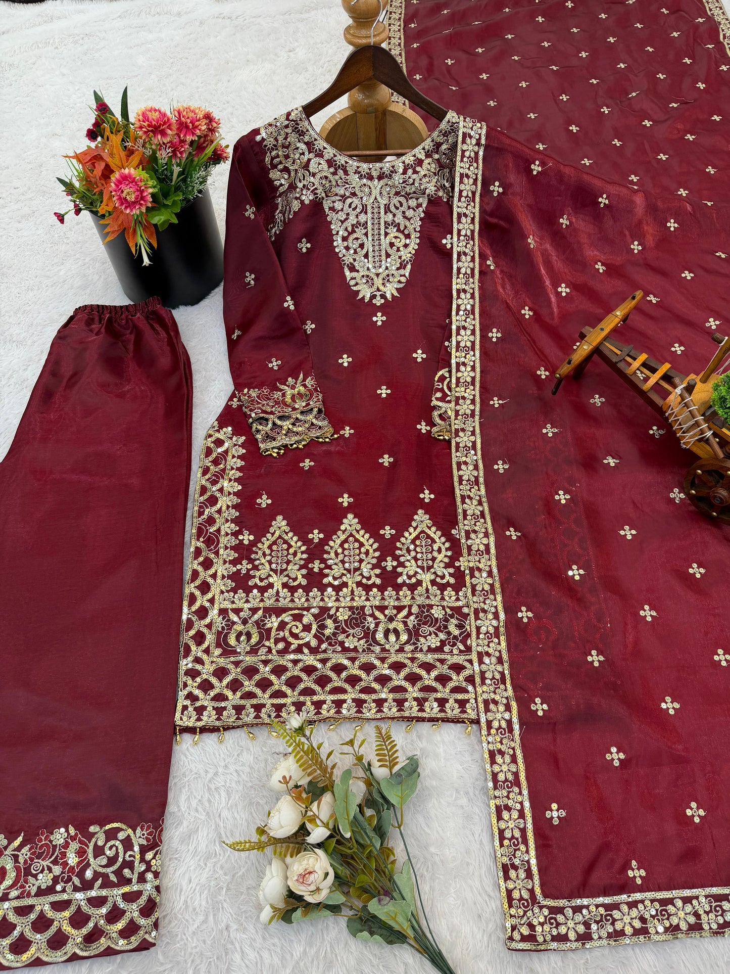 Maroon New Designer Silk Embroidered Top, Pant & Dupatta Set Eid dresses