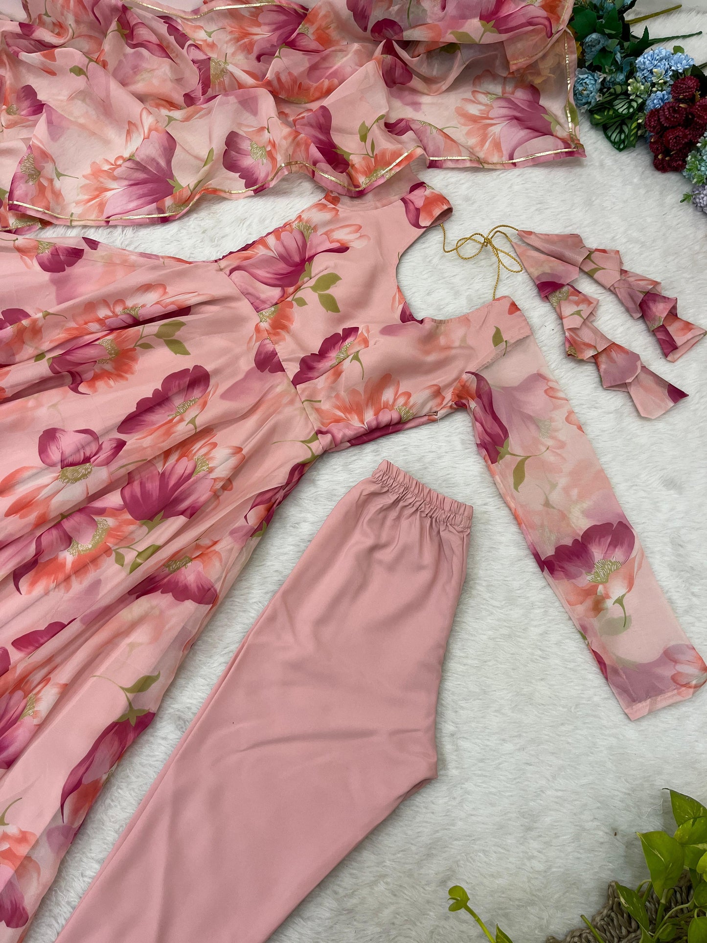 Pink Luxurious Organza Taby Silk Gown with Digital Print & Handwork