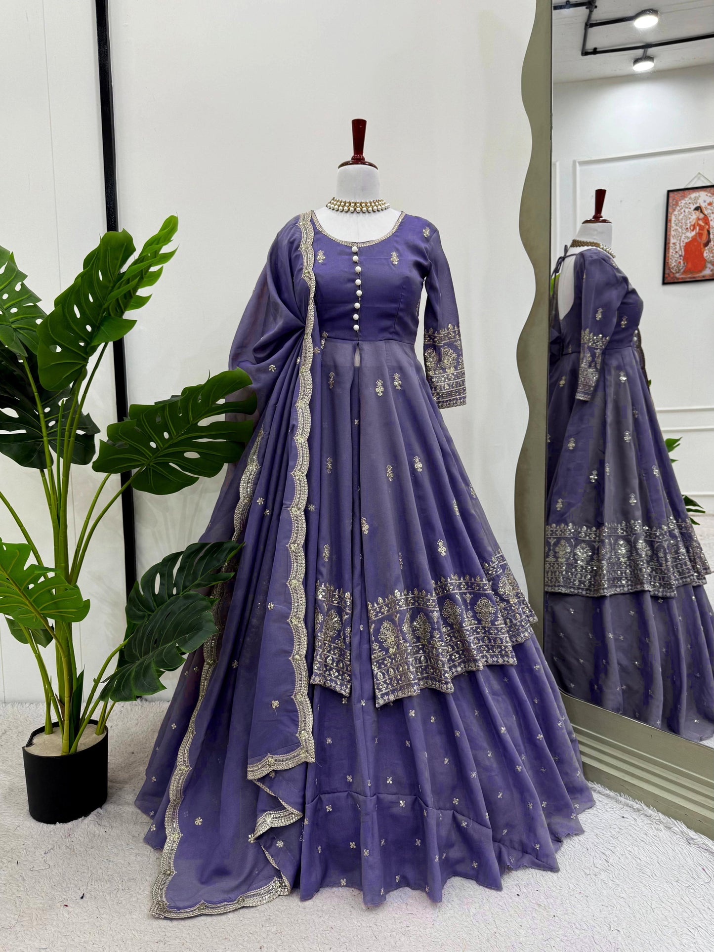 Lavendar Sitara Embroidered Slit Kurta Lehenga Set in Simmer Silk