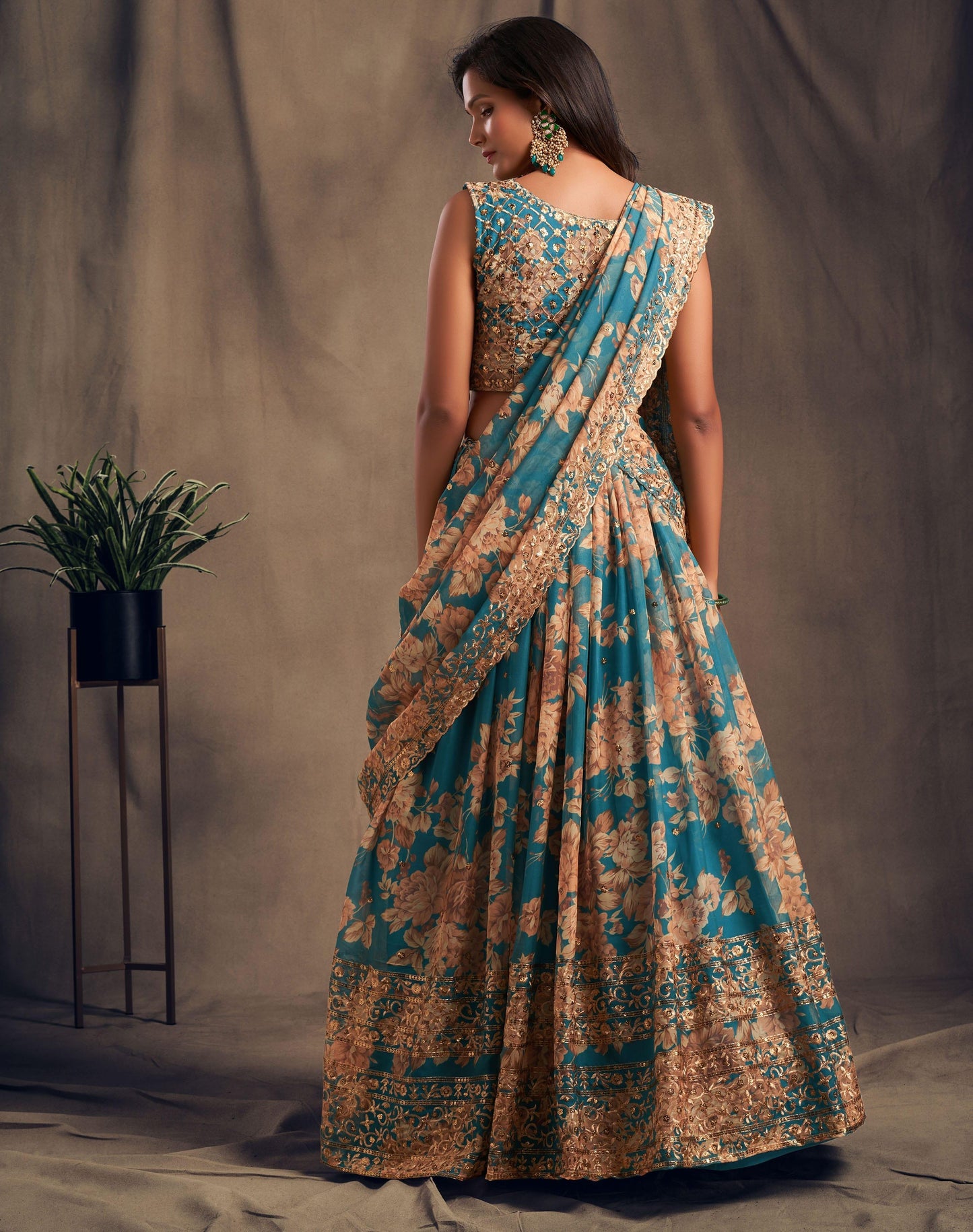 Teal Blue Blossom Beauty Floral Custom Lehenga with Big Flair - Inayakhan Shop