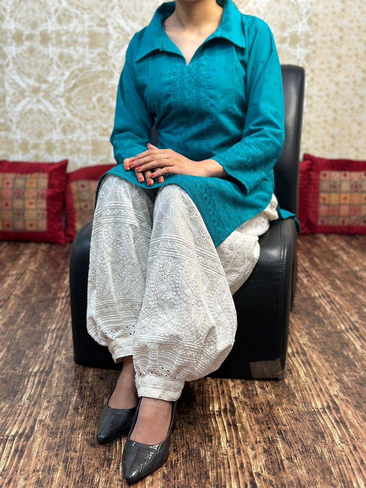 Teal Blue color Collar neck chikankari kurta teamed up with chikankari Afghani salwar - Inayakhan Shop