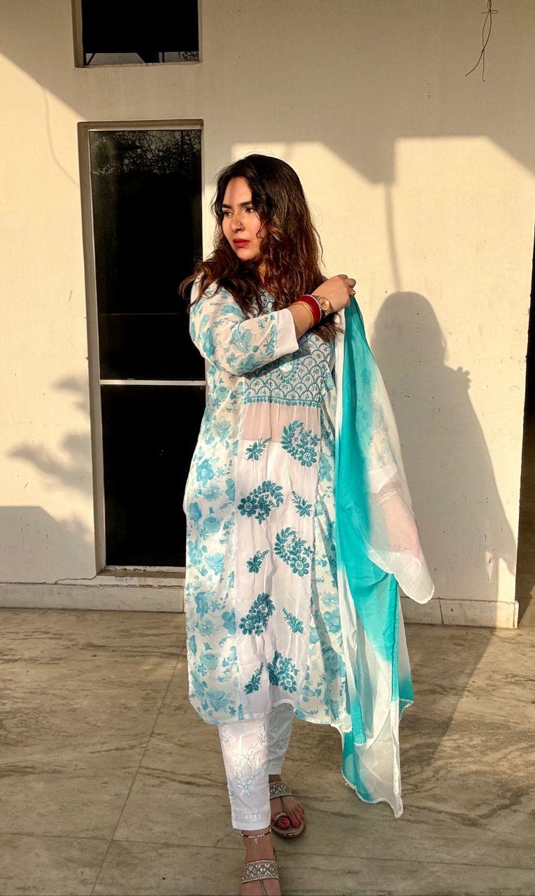 Teal Blue Ethereal Chikankari Georgette Ensemble - Inayakhan Shop