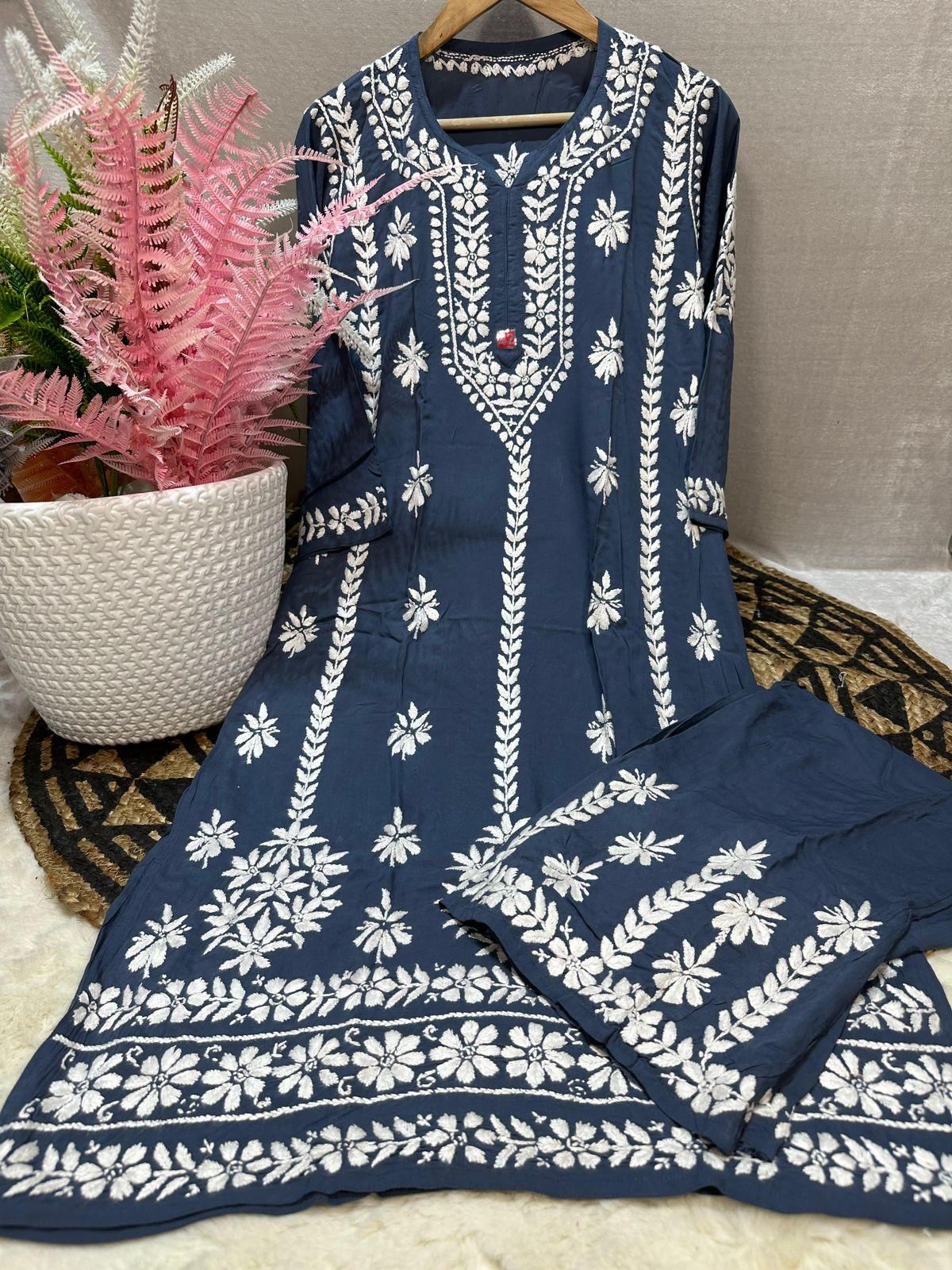 Teal Blue Lucknowi Chikankari Premium Heavy Designer Modal Palazzo Set - Inayakhan Shop