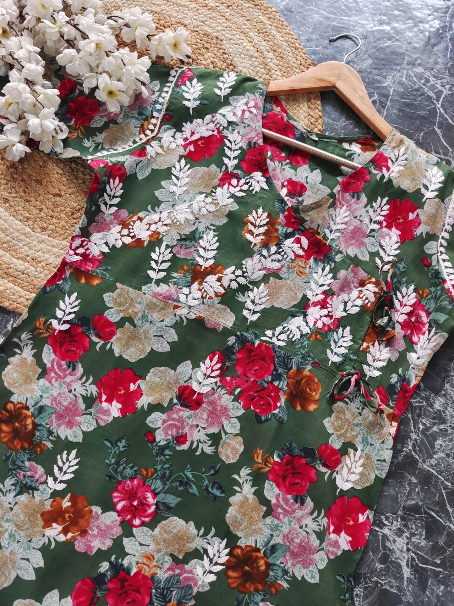 Teal Blue Mulmul Angarkha Style Floral Dori Long Chikankari Kurtis ✨ - Inayakhan Shop