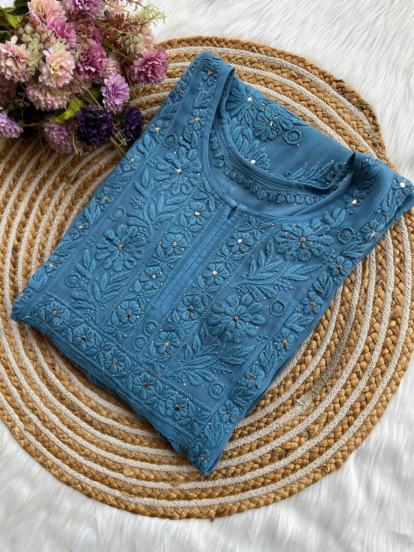 Teal Blue Premium Viscose Lucknow Chikankari Mukaish Hand Work Nyra Cut Kurti - Inayakhan Shop