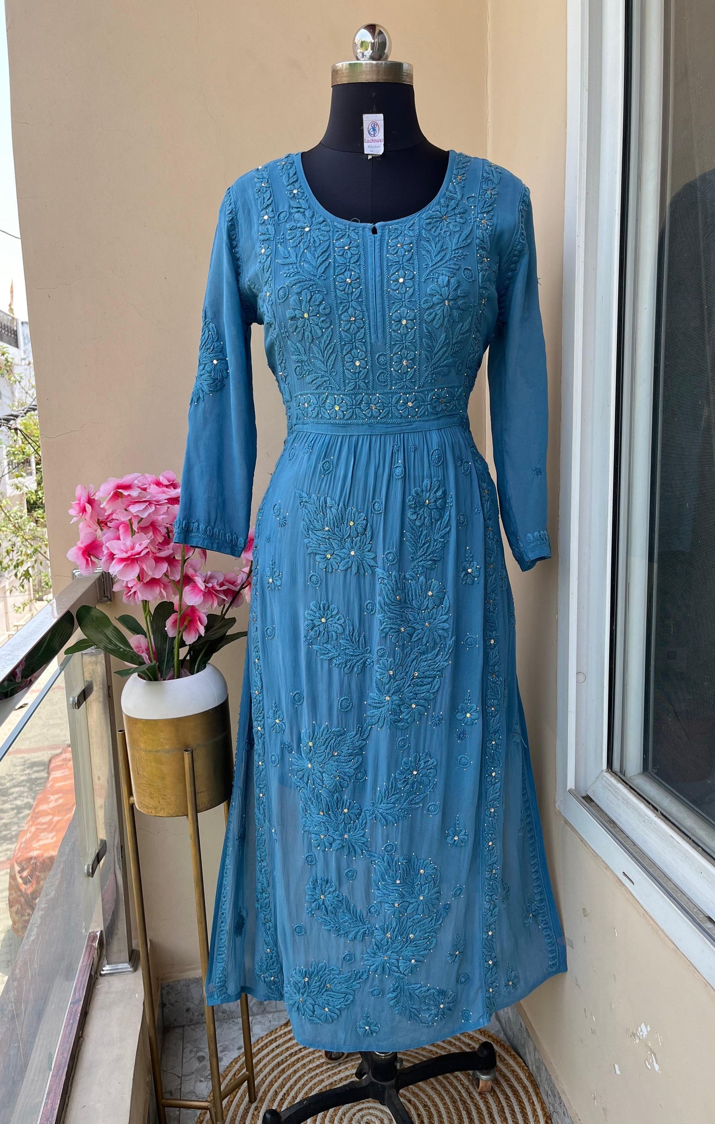 Teal Blue Premium Viscose Lucknow Chikankari Mukaish Hand Work Nyra Cut Kurti - Inayakhan Shop