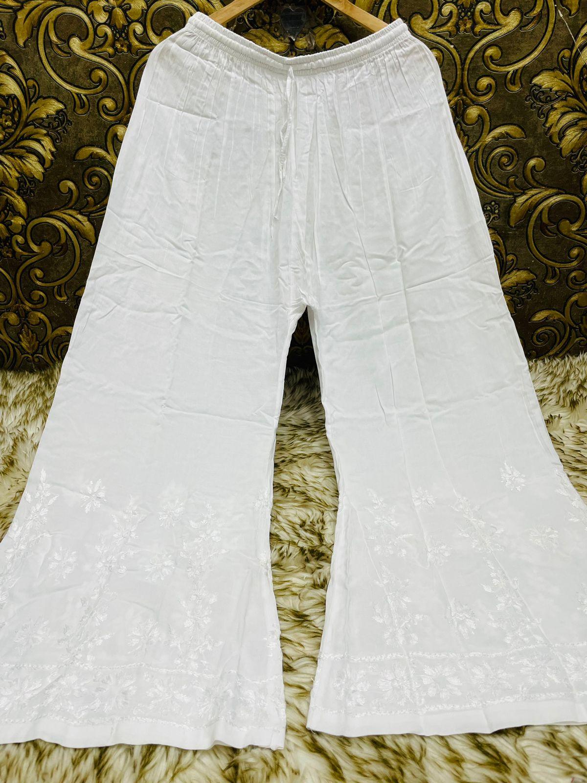 Teal Exquisite Lucknowi Chikankari Modal Kurti with White Rayon Palazzo - Inayakhan Shop