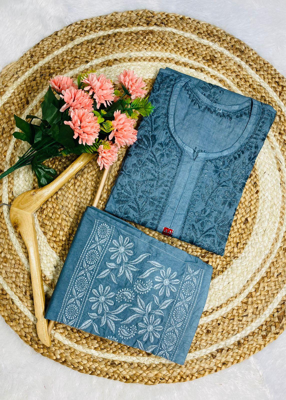 Teal Grey Chikankari Cotton Kurti & Coordinated Set ++ Sizes available - Inayakhan Shop