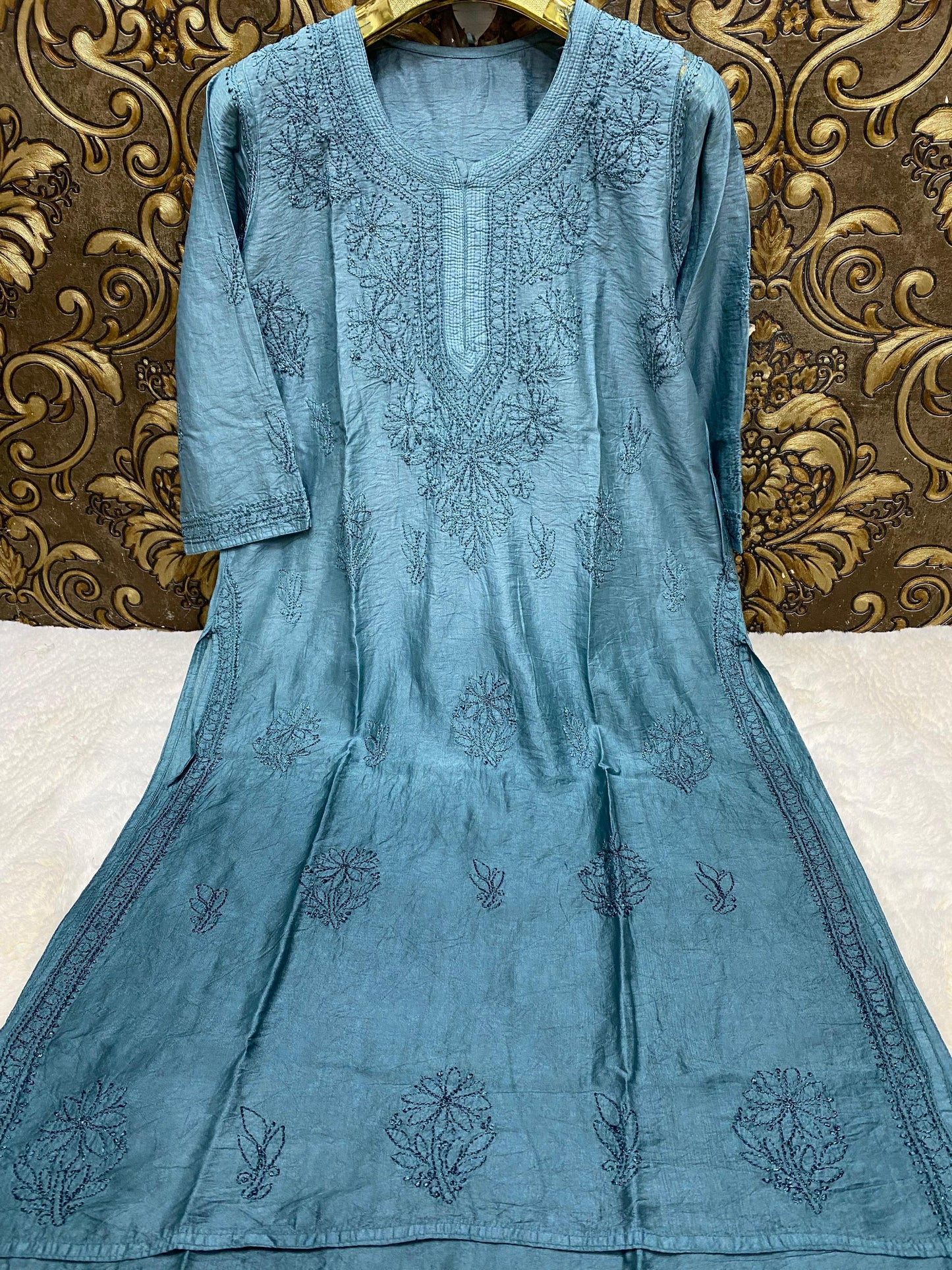 Teal Lucknowi Chikankari Beautiful Premium Chanderi Resham Work Kurti - Inayakhan Shop