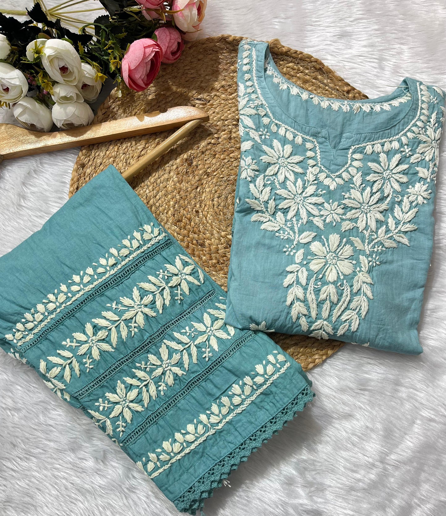 Green Mul Mul Cotton Chikankari Cord Set – Plus Size up to 56 | Lightweight Luxe Co-Ord Set