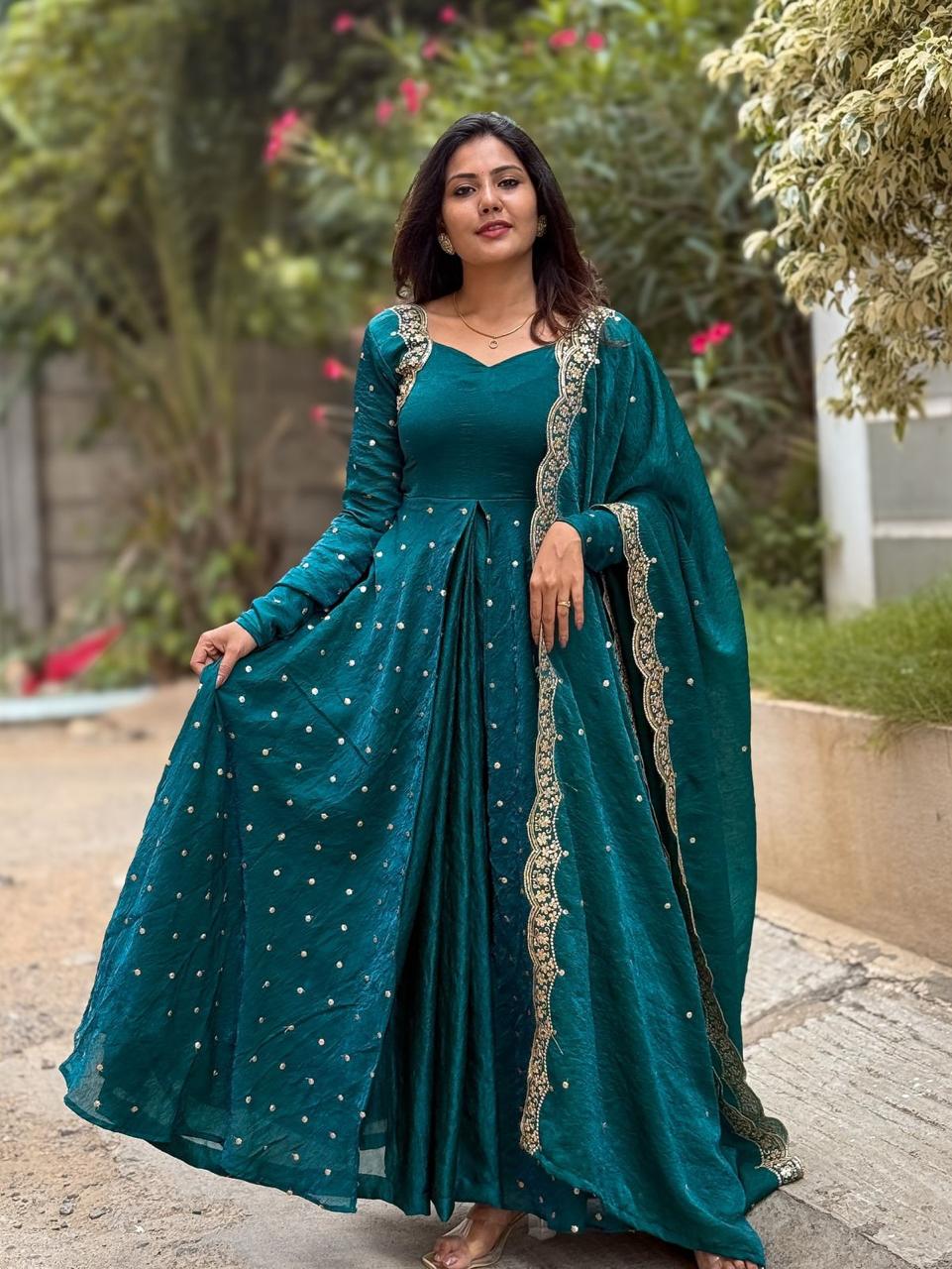 Teal Designer Embroidered Fandy Silk Indian Gown Set | Party Wear 42 / Blue / Silk Teal Designer Embroidered Fandy Silk Indian Gown Set | Party Wear 42 / Blue / Silk