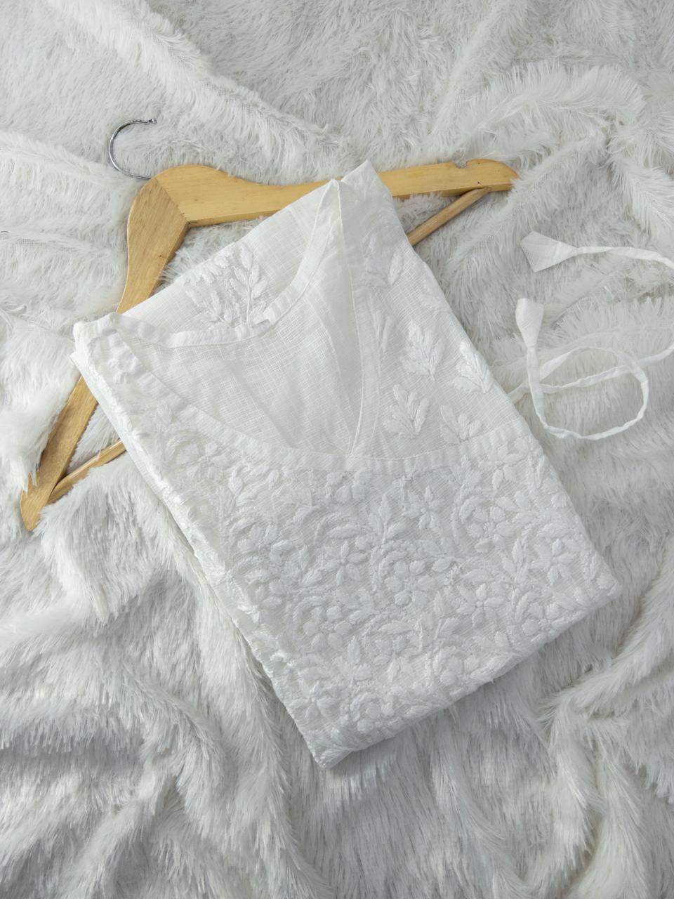 Timeless White Kota Doria Cotton Chikankari Kurti - Inayakhan Shop