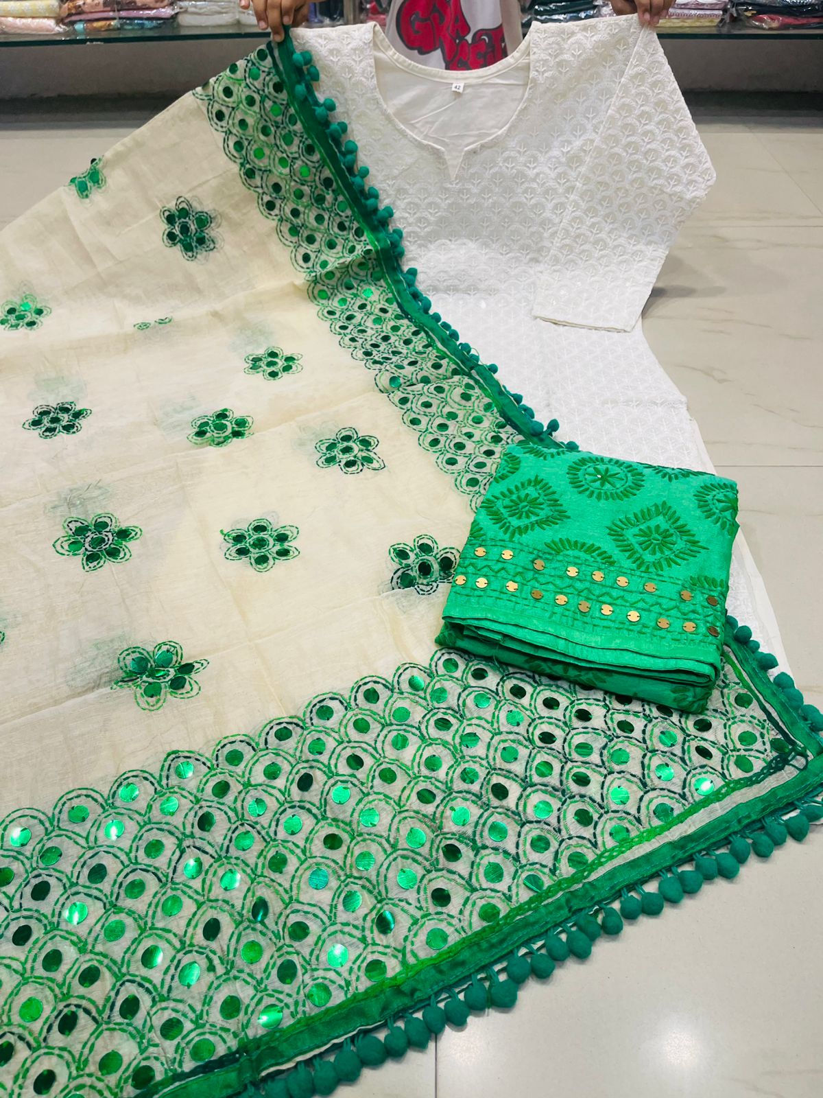 Green Chikankari Kurti Plazo Set with Golden Mirror Phulkari Dupatta Plus Sizes