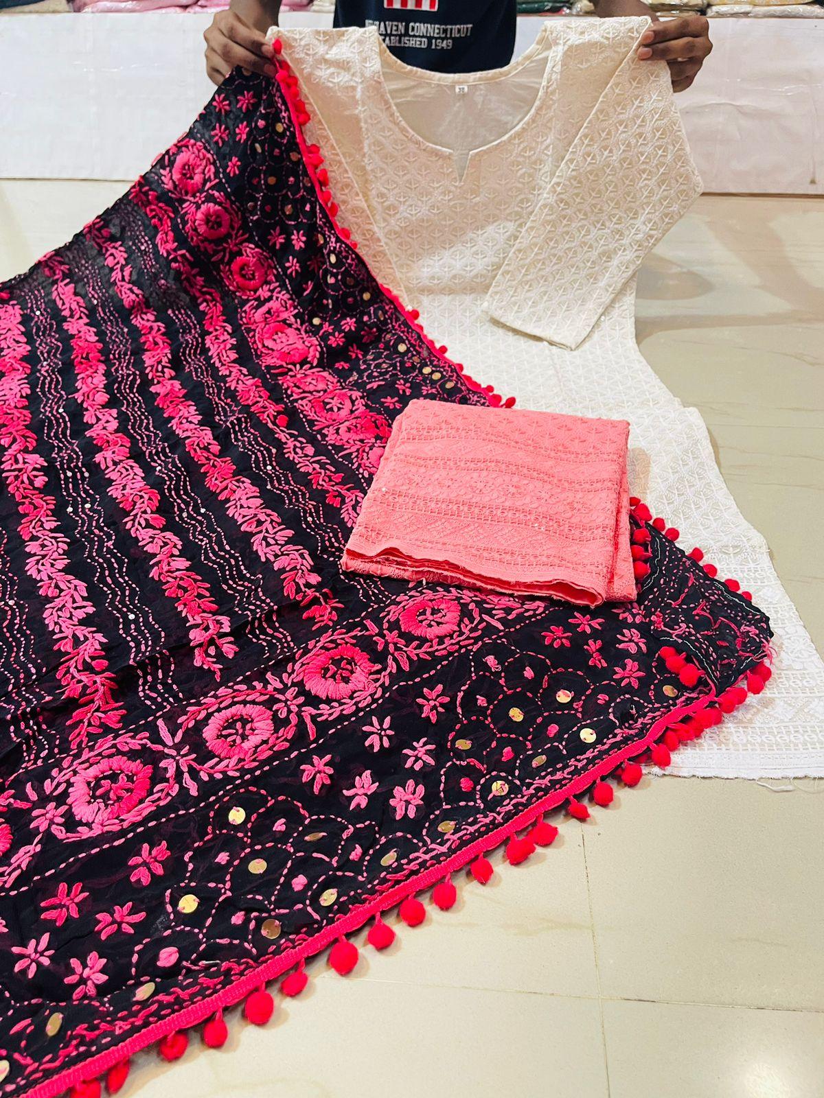 White & Pink Chikankari Sequin Work Ready-to-Wear Kurti, Plazo, and Dupatta Set - Inayakhan Shop
