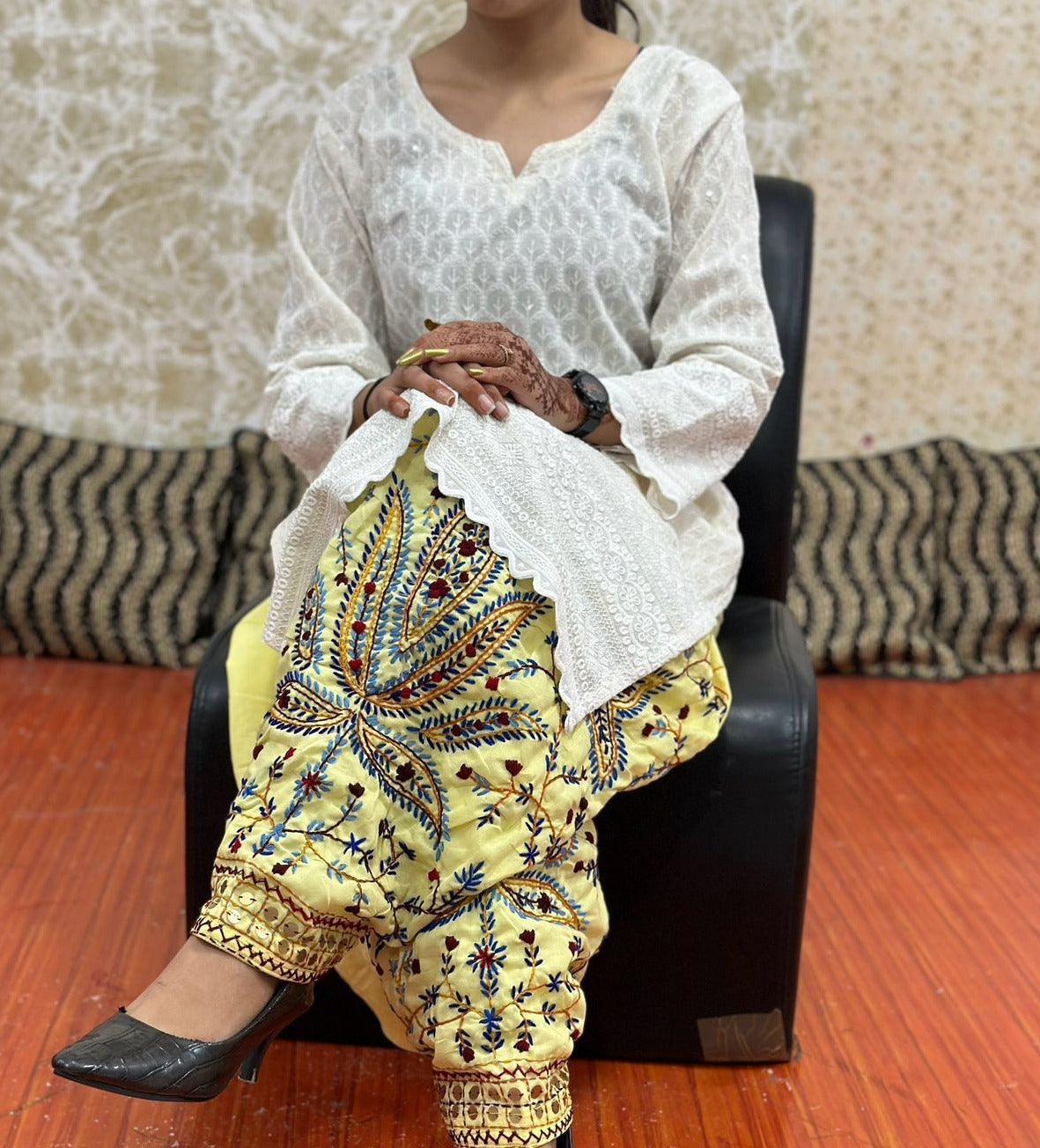 White & Yellow Elegant Phulkari Patiala Salwar & Chikankari Kameez Set - Inayakhan Shop