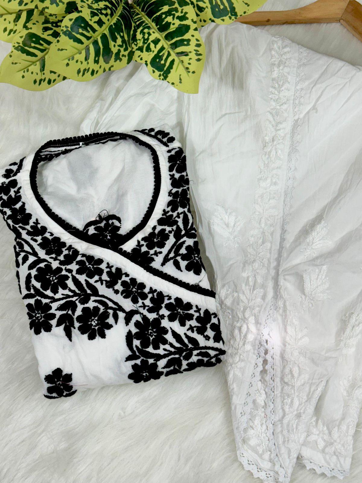 White Angrakha with Black Chikankari Work & Dhoti Salwar Set (Limited Stock) - Inayakhan Shop