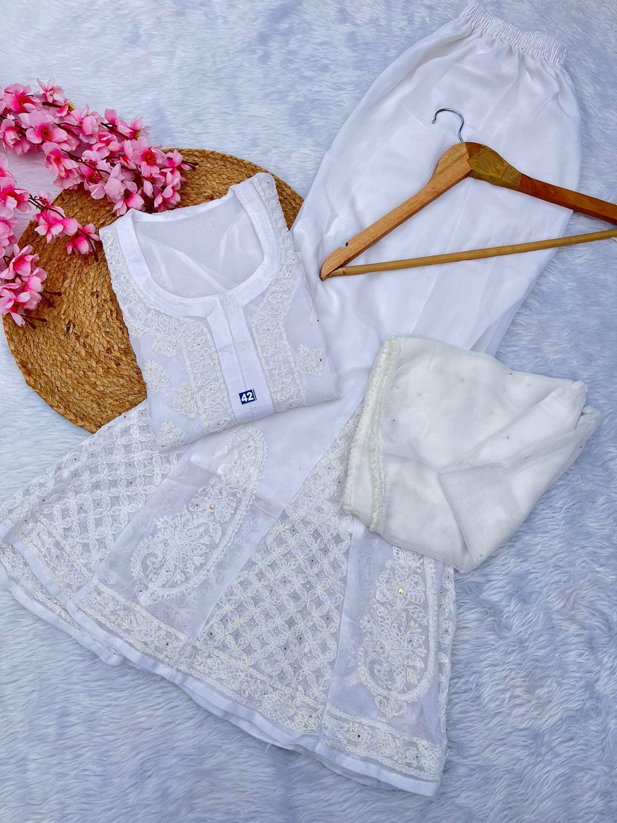 White Celestial Chikankari Georgette Ensemble Mukesh Work 3 pc Set - Inayakhan Shop