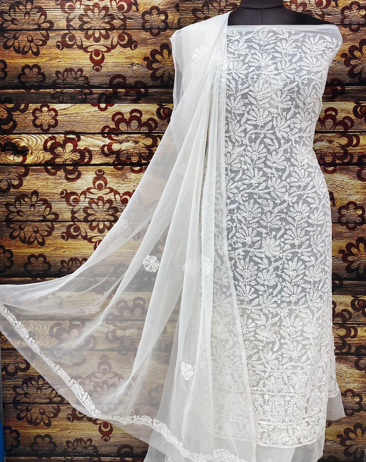 Inayakhan - White Chiffon Georgette 3-Pc Suit with Intricate Handwork Embroidery All Over Kurta Latest Online Stitched Ready To Wear-Size 42 / White Inayakhan - White Chiffon Georgette 3-Pc Suit with Intricate Handwork Embroidery All Over Kurta Latest Online Stitched Ready To Wear-Size 42 / White