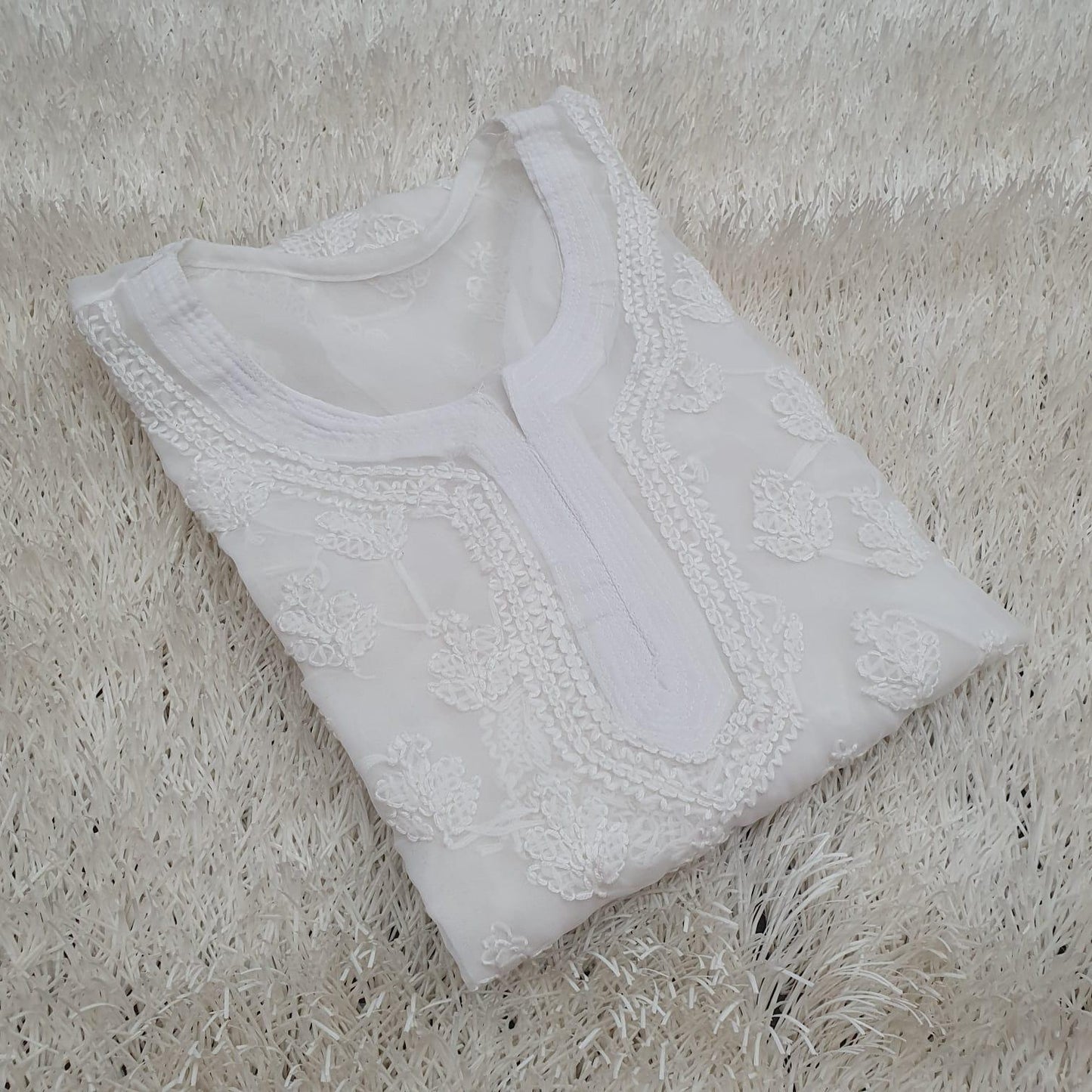 White Chikankari Elegance: Long Chiffon Kurti Set - Inayakhan Shop