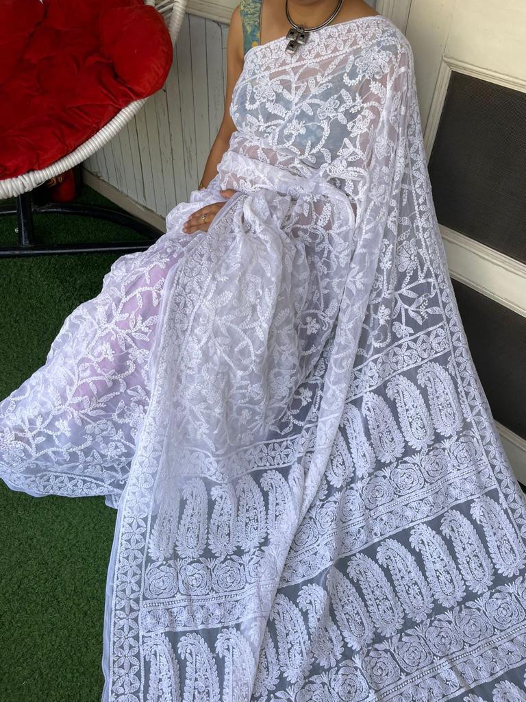 White Color Full Jaal Chikankari Saree by Inayakhan - Inayakhan Shop