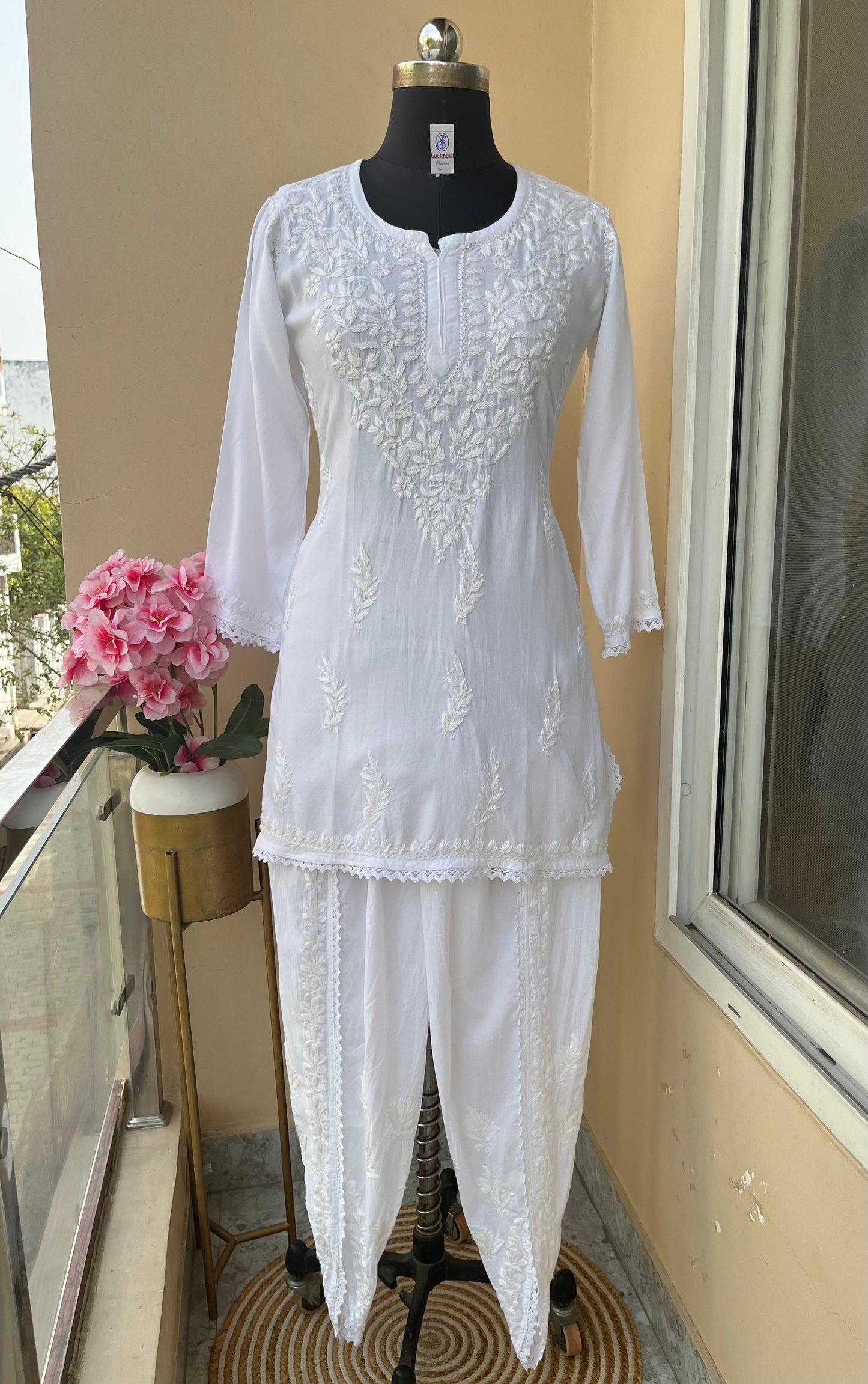 White Cotton Rayon Short Kurti + Cotton Dhoti Pant Lucknow Chikankari Co-ord Set - Inayakhan Shop