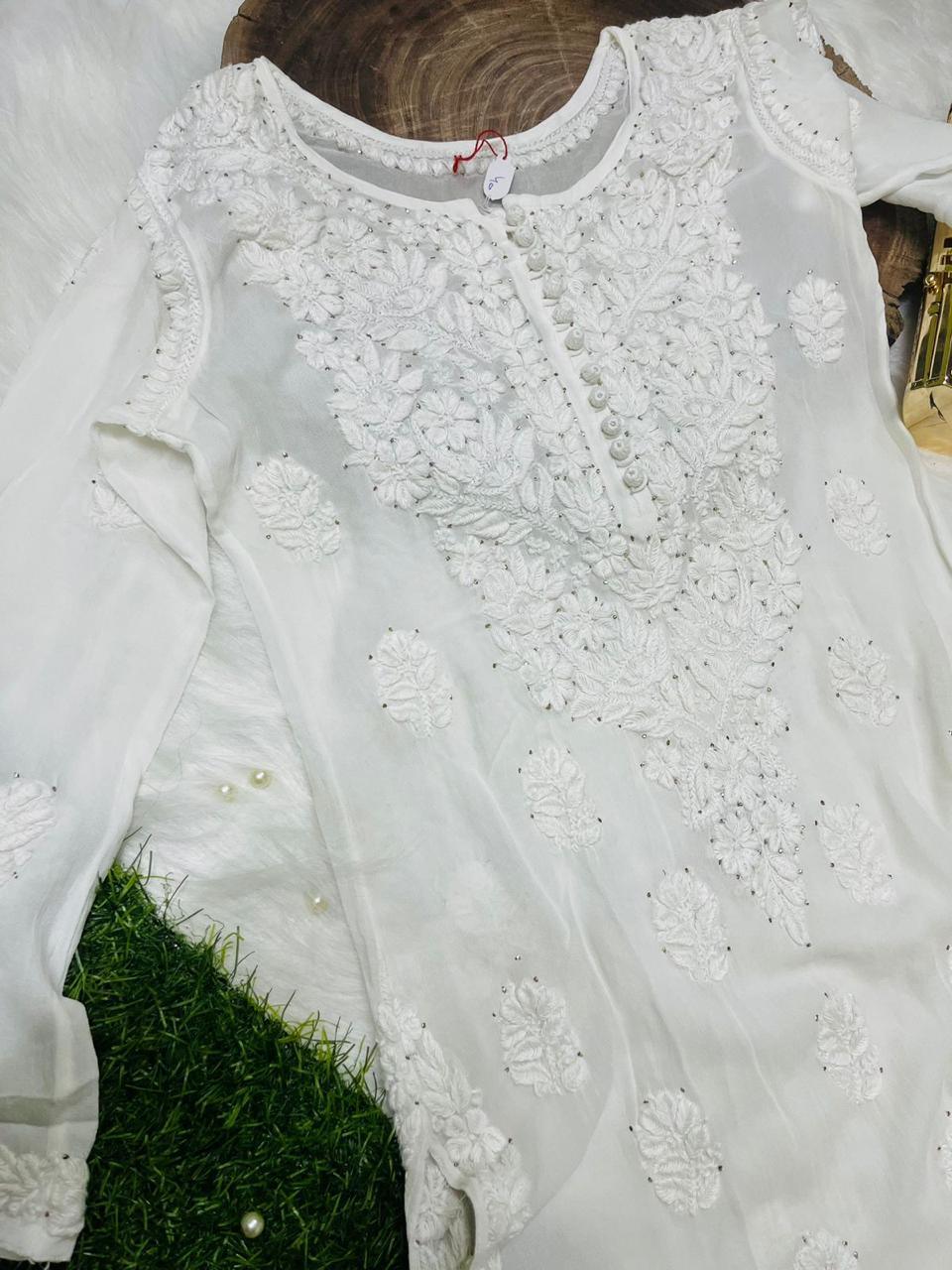 White Elegant Viscose Chikankari Work Kurti with 3D Fine Chikankari Handwork - Inayakhan Shop