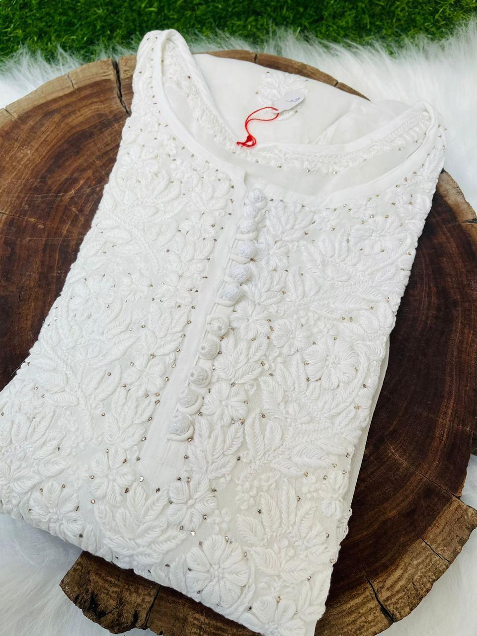 White Elegant Viscose Chikankari Work Kurti with 3D Fine Chikankari Handwork - Inayakhan Shop