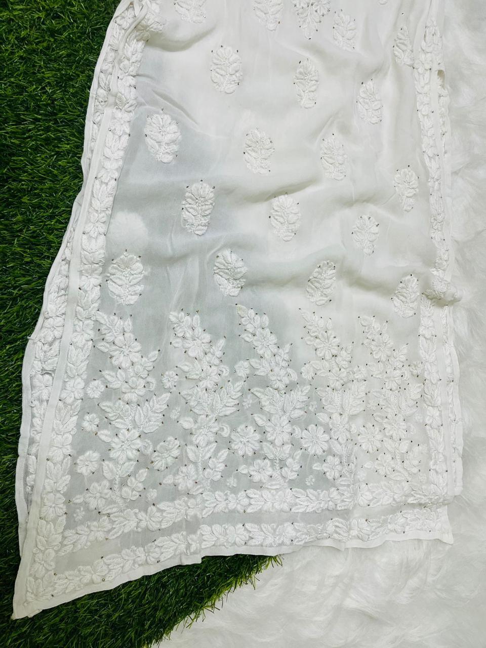 White Elegant Viscose Chikankari Work Kurti with 3D Fine Chikankari Handwork - Inayakhan Shop
