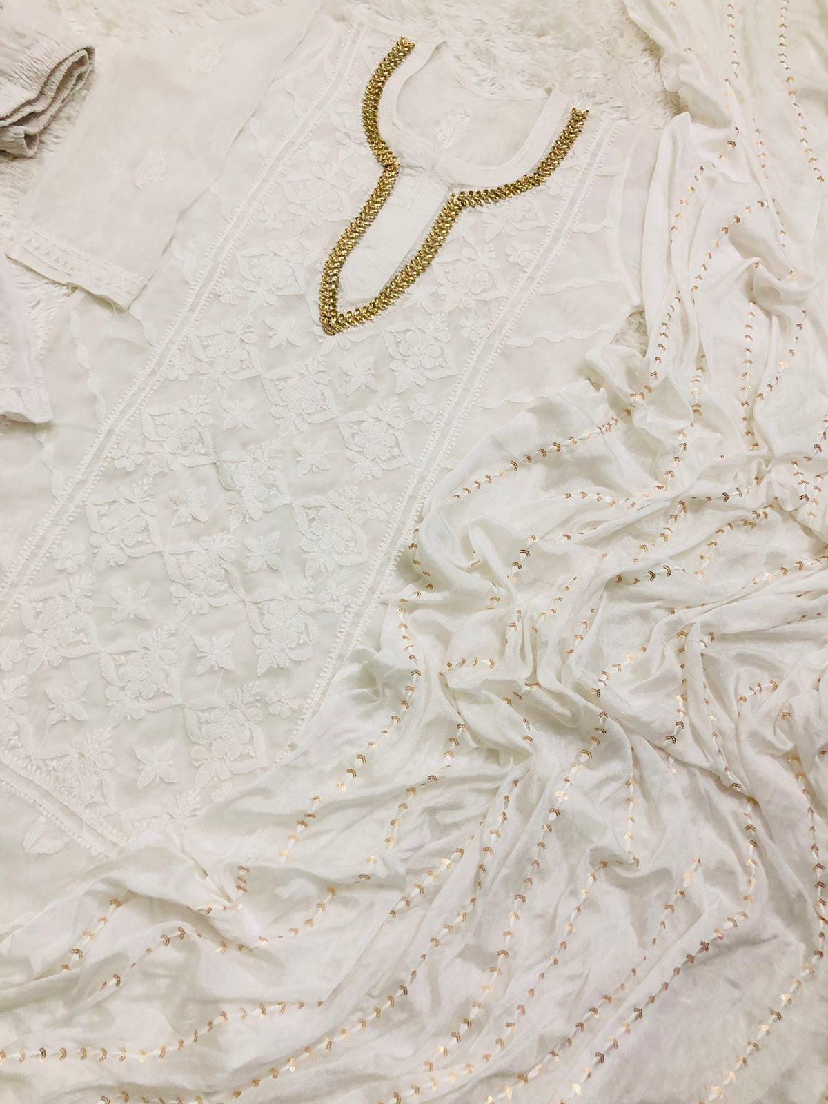 White Georgette Chikankari Suit with Beautiful Handwork Embroidery Latest Online - Inayakhan Shop
