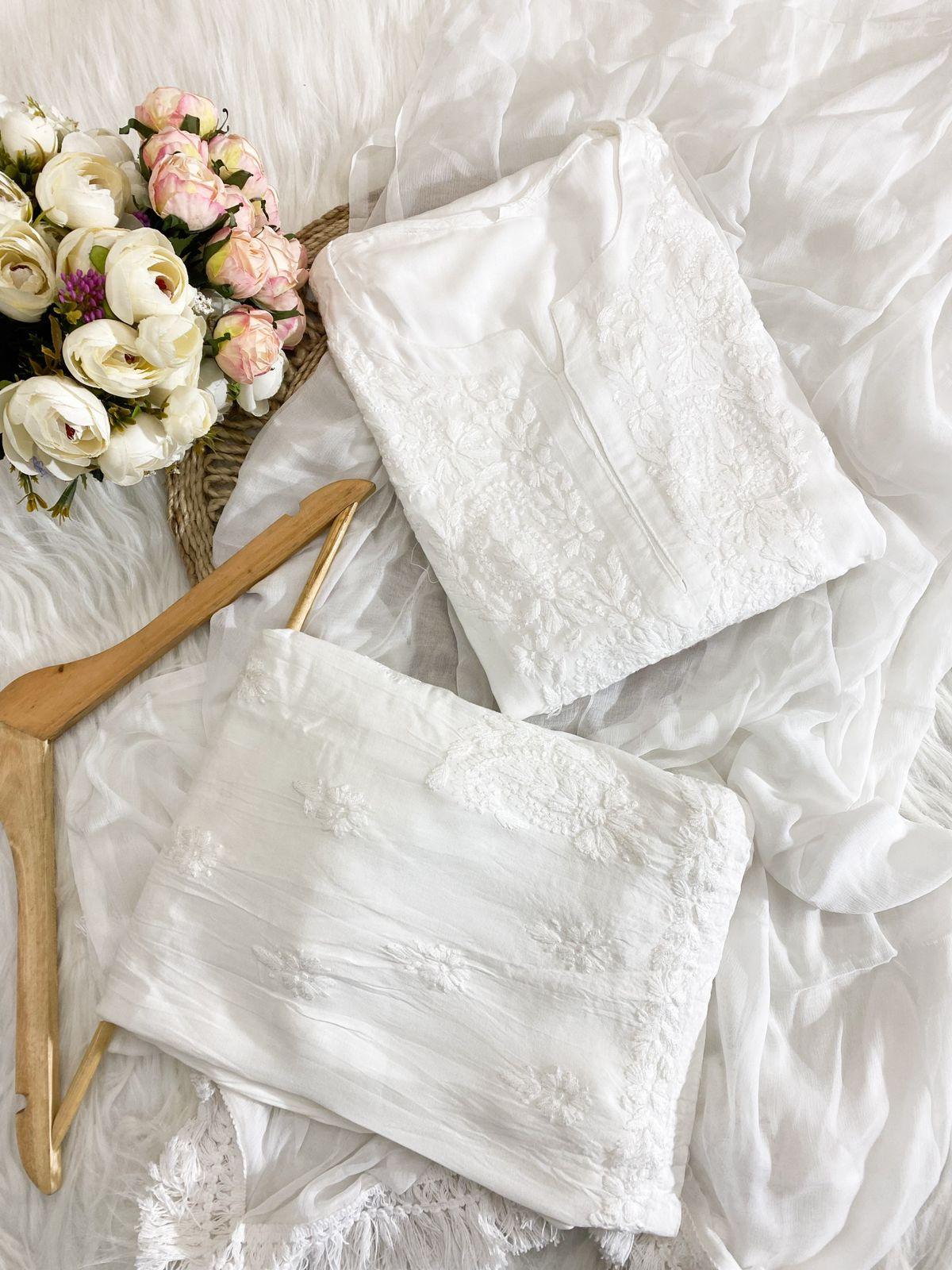 White Handcrafted Soft Rayon 3-Piece Dyed Ombre Set - Inayakhan Shop