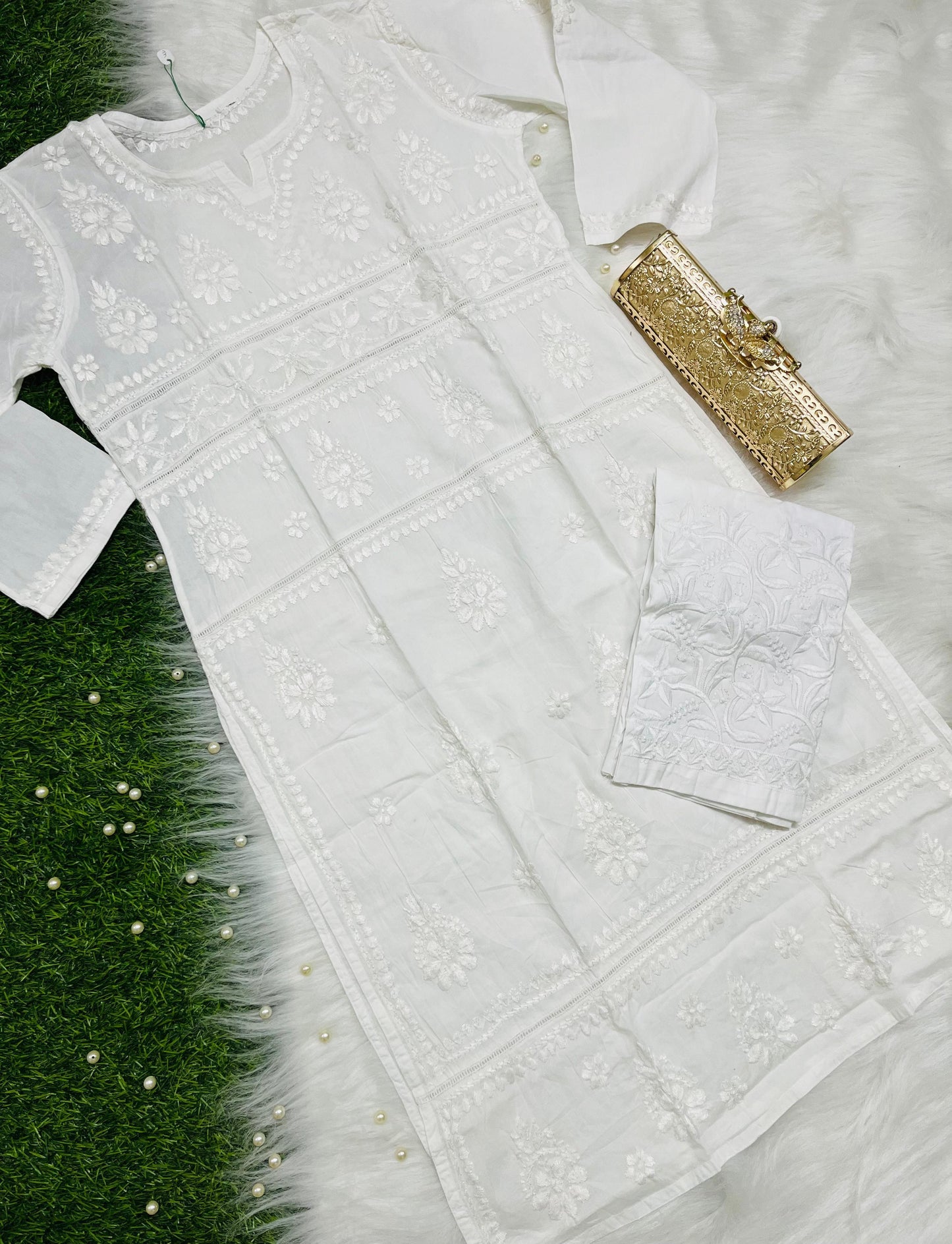 White New Designer Lace Pattern Kurti Set in Cotton Chikankari Handwork - Inayakhan Shop