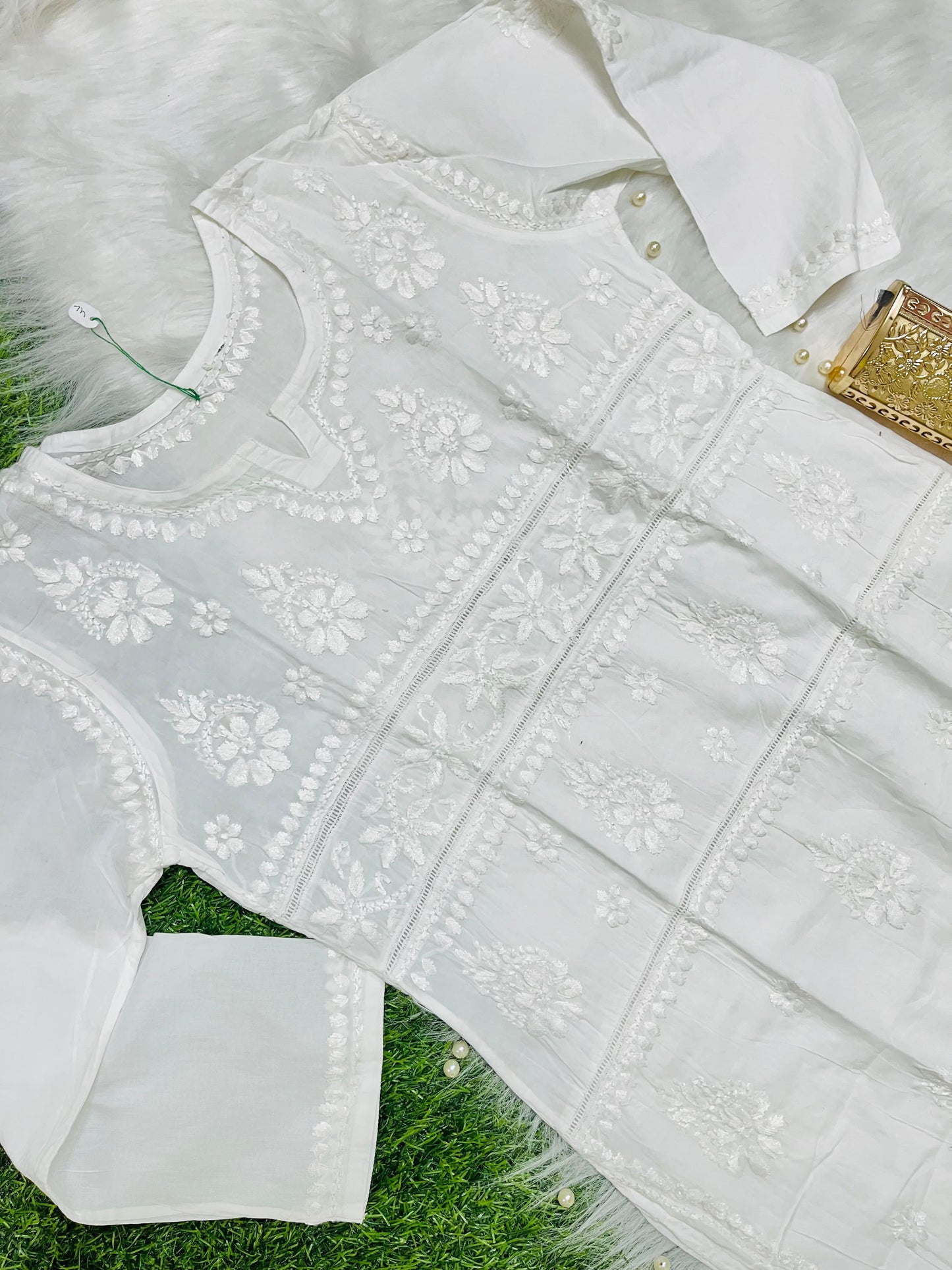 White New Designer Lace Pattern Kurti Set in Cotton Chikankari Handwork - Inayakhan Shop