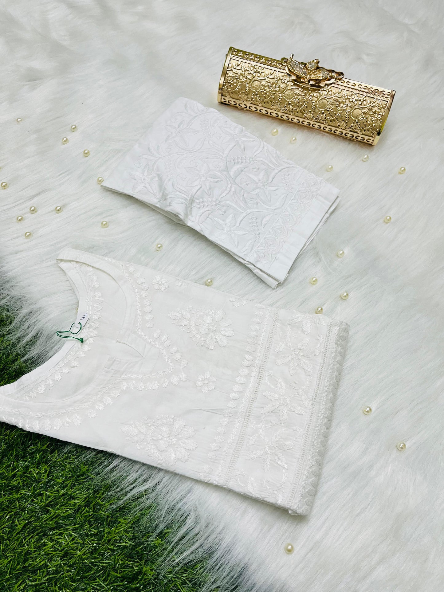 White New Designer Lace Pattern Kurti Set in Cotton Chikankari Handwork - Inayakhan Shop