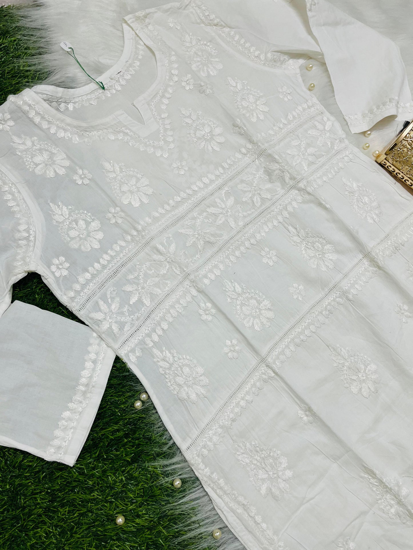 White New Designer Lace Pattern Kurti Set in Cotton Chikankari Handwork - Inayakhan Shop